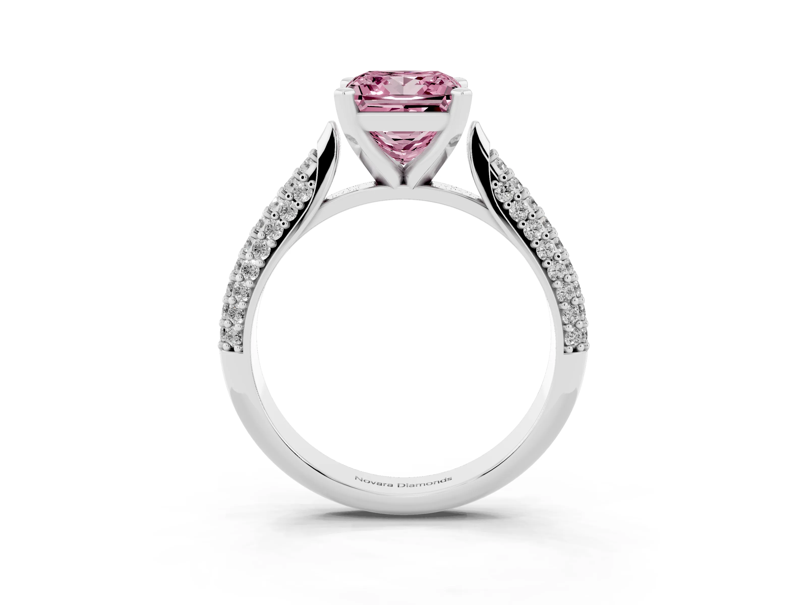 Fancy Pink Princess Cut Diamond Solitaire Engagement Ring Set in Platinum with Multi-Row Round Pavé Band and Prong Setting