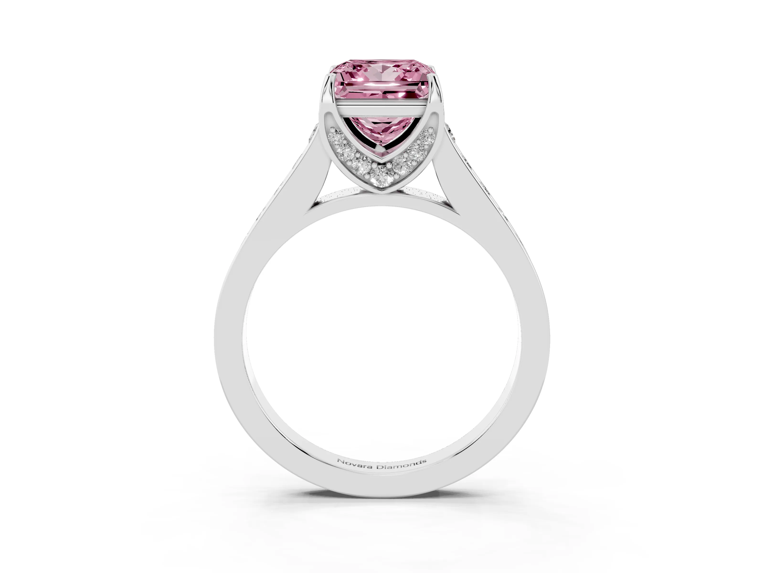Fancy Pink Princess Cut Diamond Solitaire Pavé Engagement Ring Set in Platinum with Prong Setting