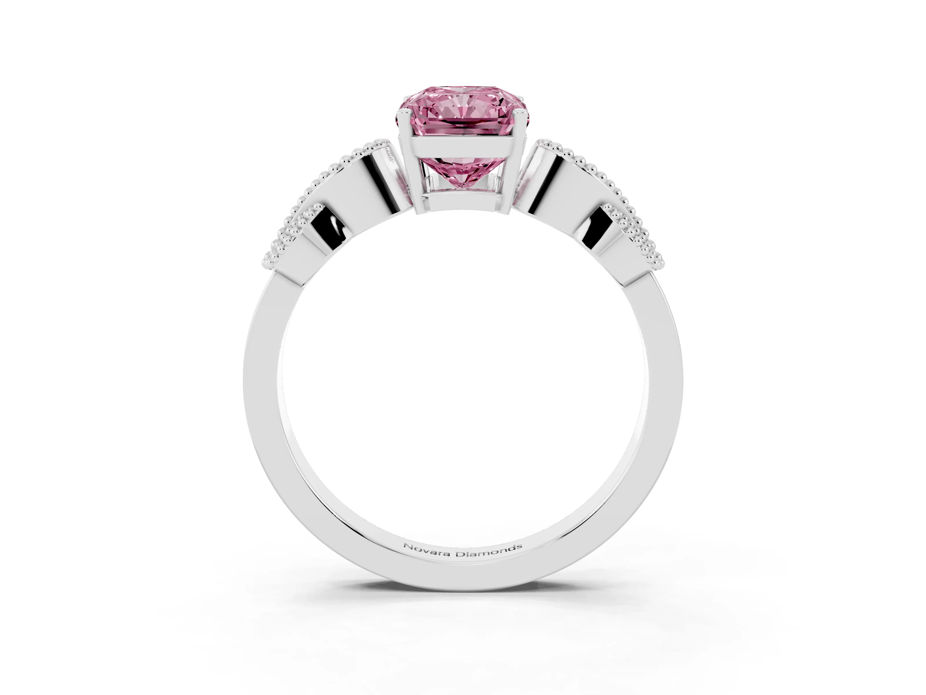 Fancy Pink Princess Cut Diamond Milgrain Leaf Band Solitaire Ring Set in Silver with Accent Stones and Prong Setting