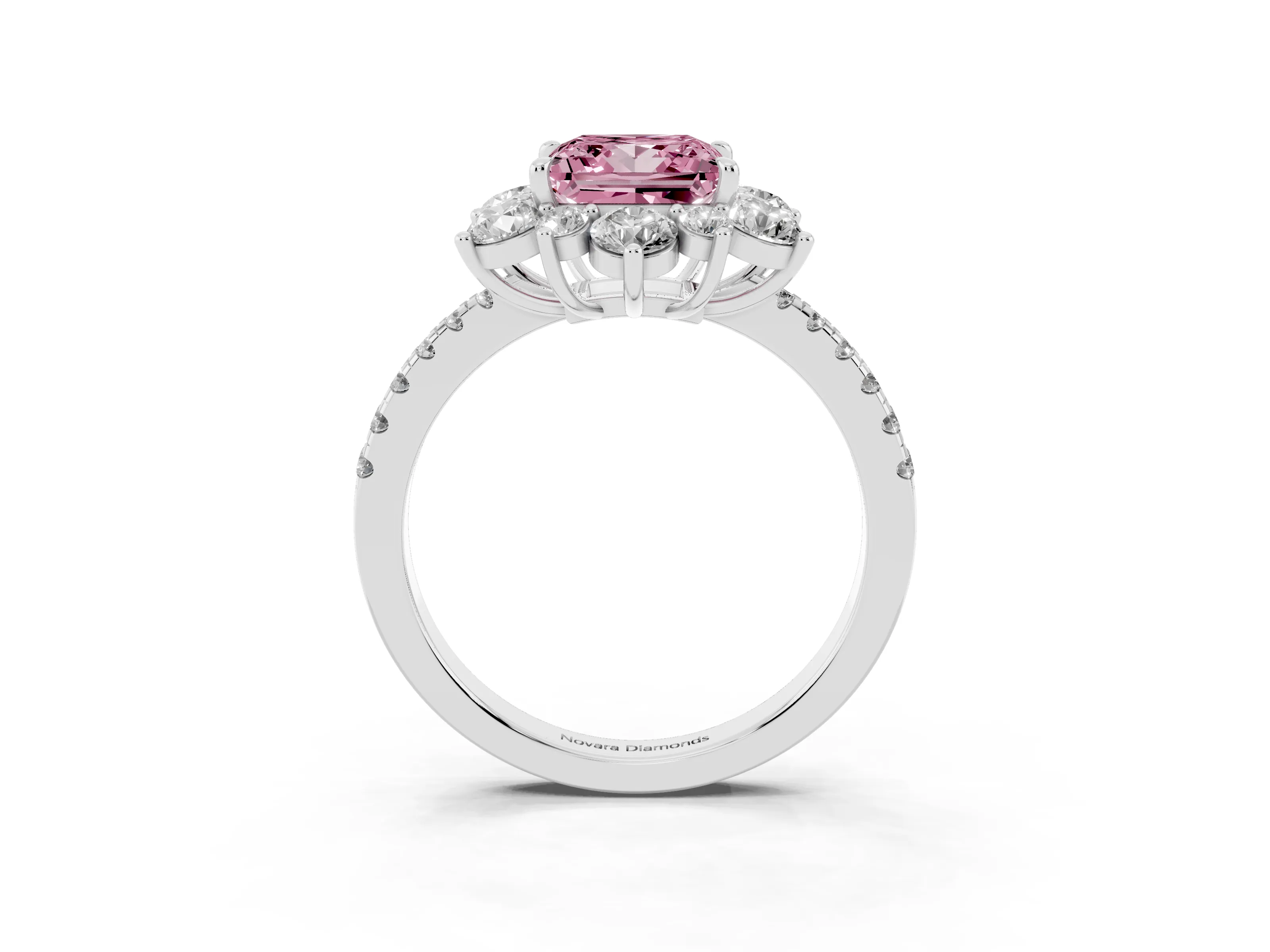 Fancy Pink Princess Cut Diamond Floral Halo Ring Set in White gold with Round Pavé Band and Prong Setting