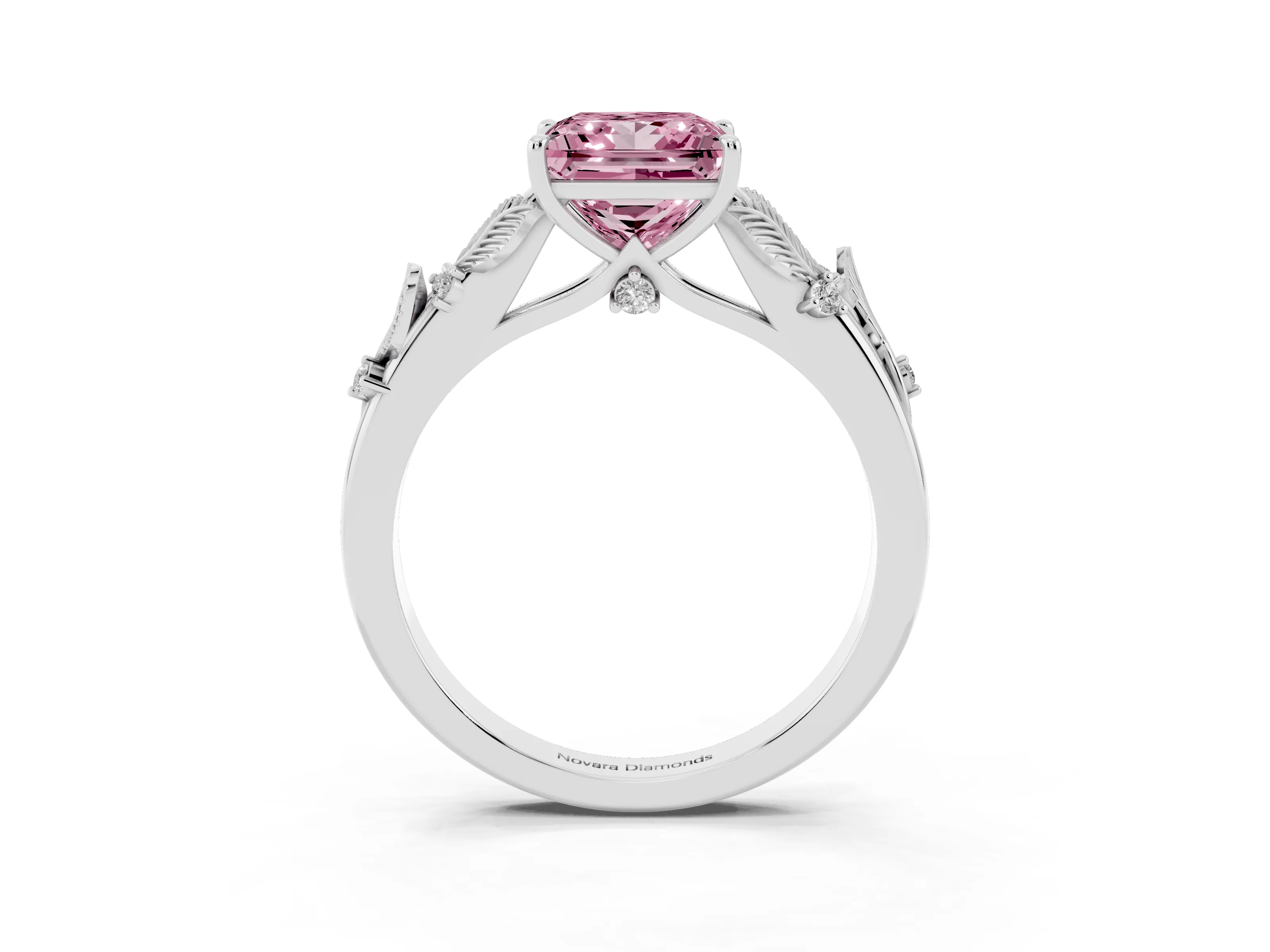 Fancy Pink Princess Cut Diamond Solitaire Ring Set in White gold with Leaf Motif Band
