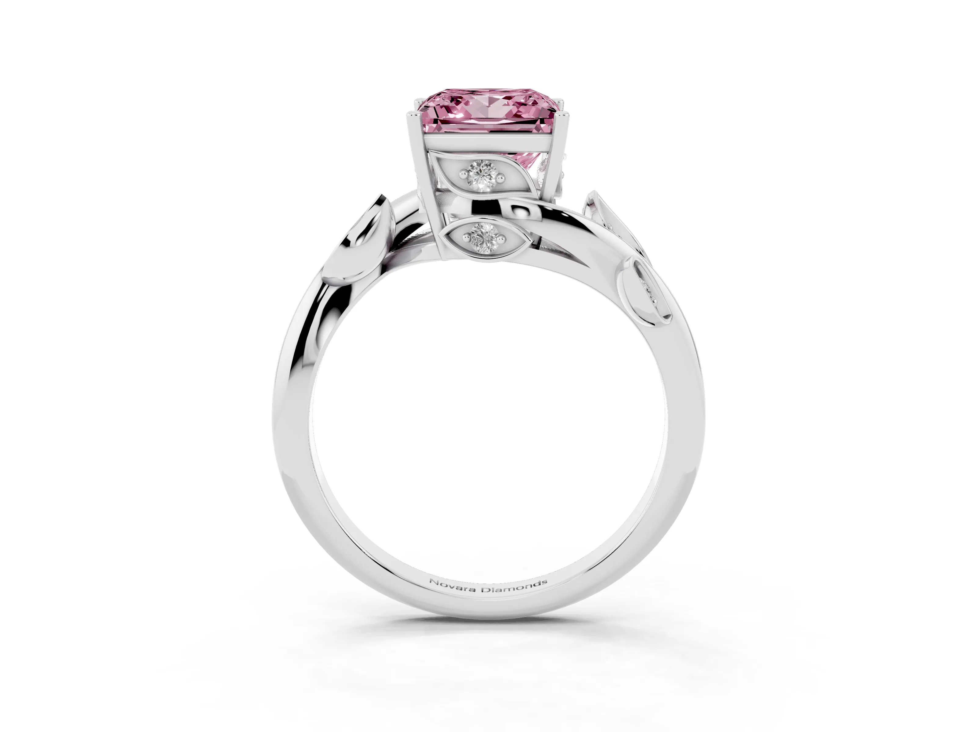 Fancy Pink Princess Cut Diamond Solitaire Twist Engagement Ring Set in White gold with Pavé Leaf Accents