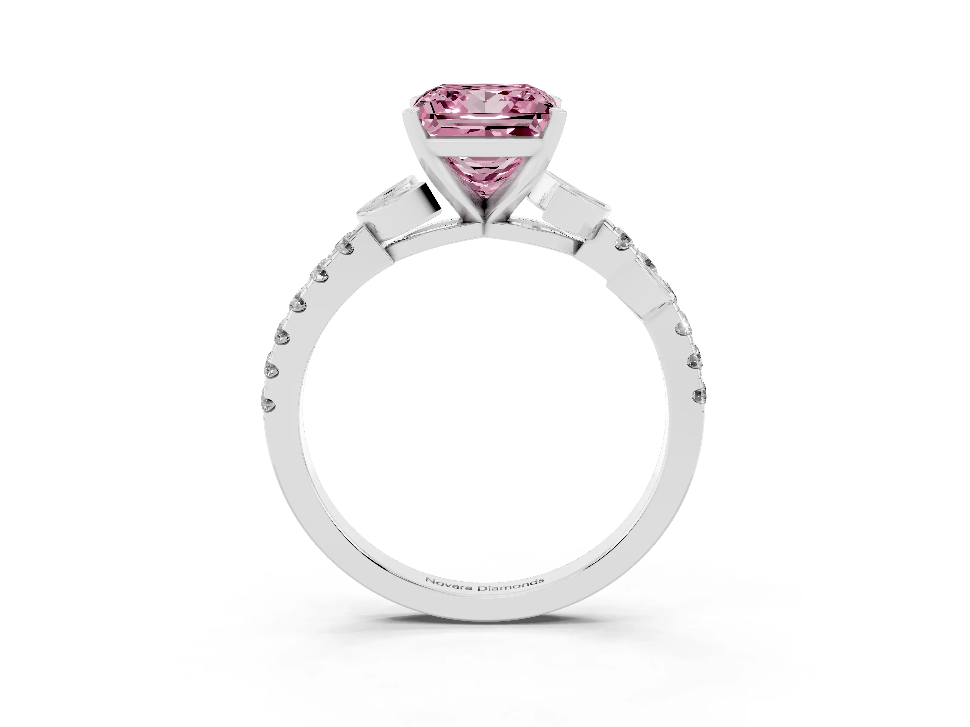Fancy Pink Princess Cut Diamond Solitaire Leaf-Inspired Ring Set in White gold with Pavé Band and Prong Setting
