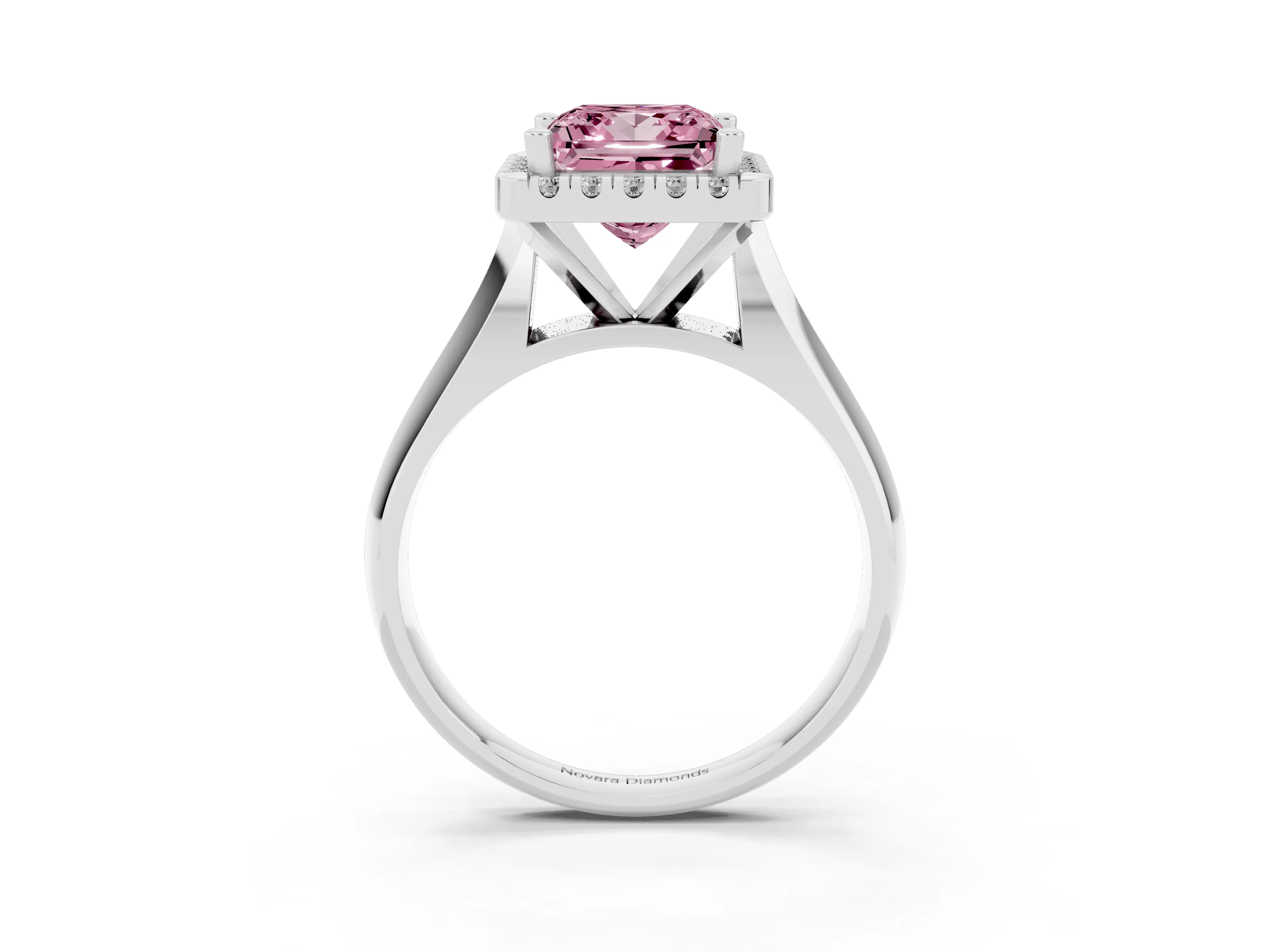 Fancy Pink Princess Cut Diamond Halo Solitaire Engagement Ring Set in White gold with Square Band and Prong Setting