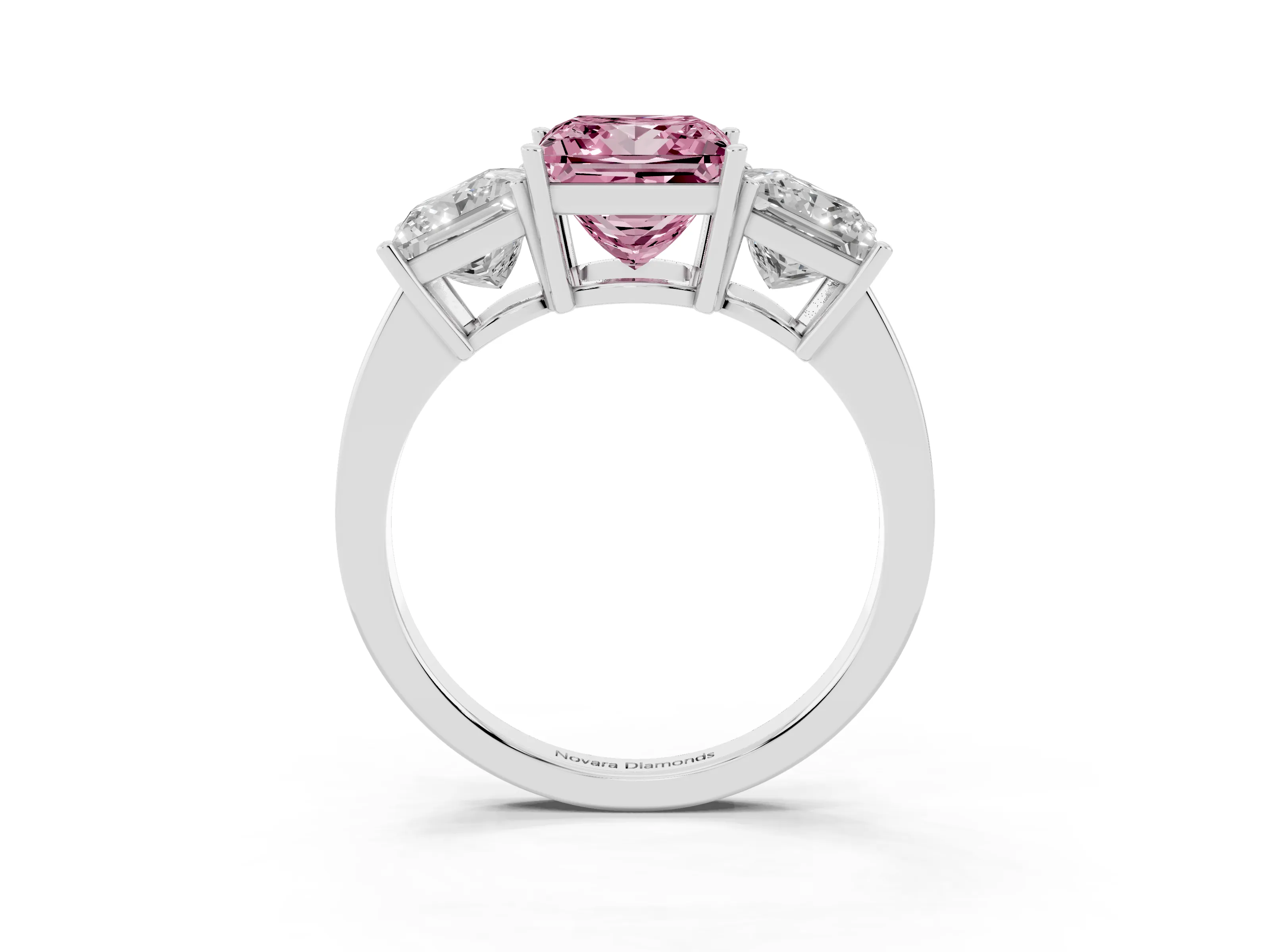 Fancy Pink Princess Cut Diamond Three-Stone Engagement Ring Set in Platinum with Flat Band