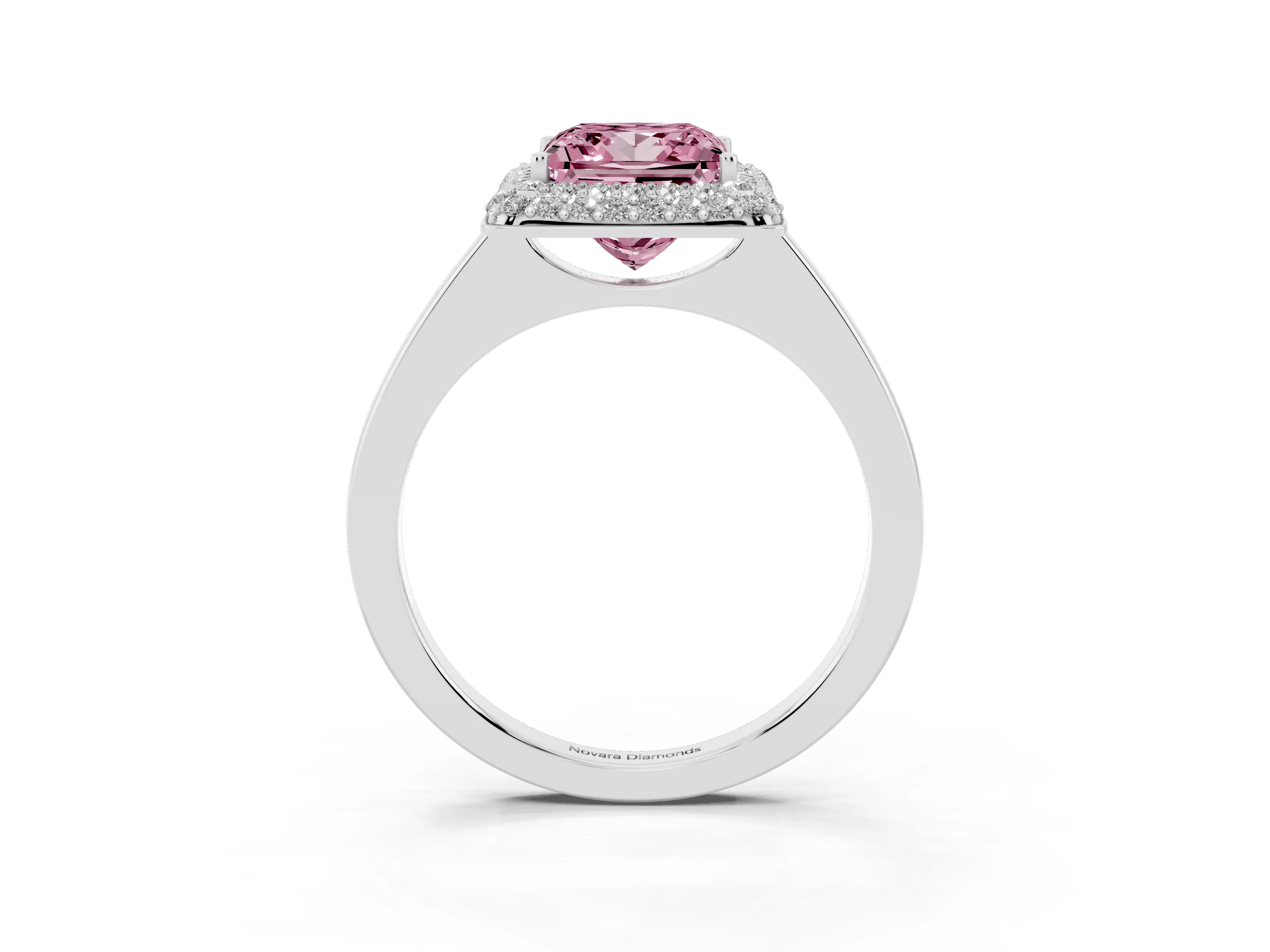 Fancy Pink Princess Cut Diamond Halo Engagement Ring Set in White gold with Solitaire Band and Prong Setting