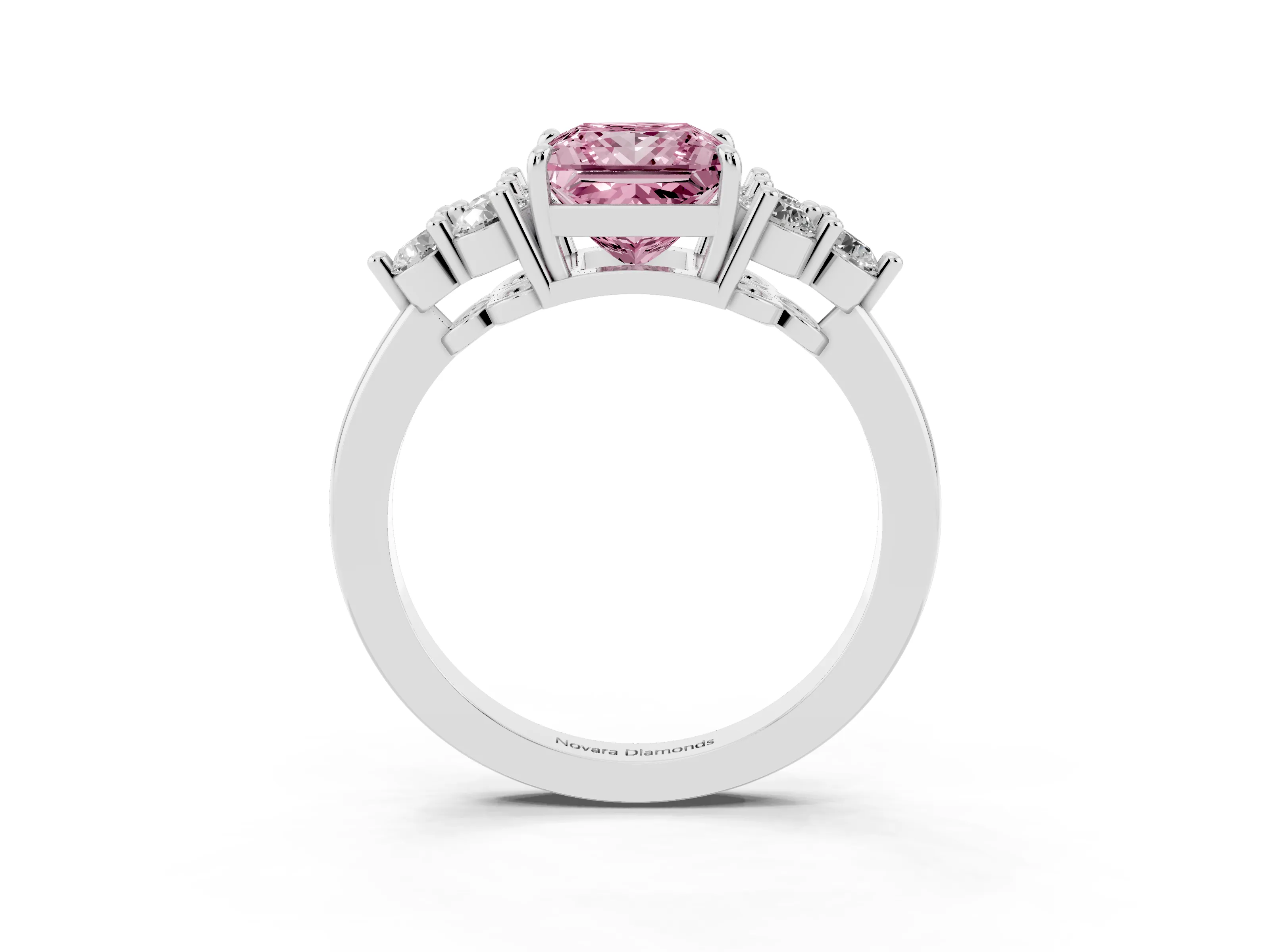 Fancy Pink Princess Cut Diamond Solitaire Ring Set in Platinum with Cluster Accents on Each Side