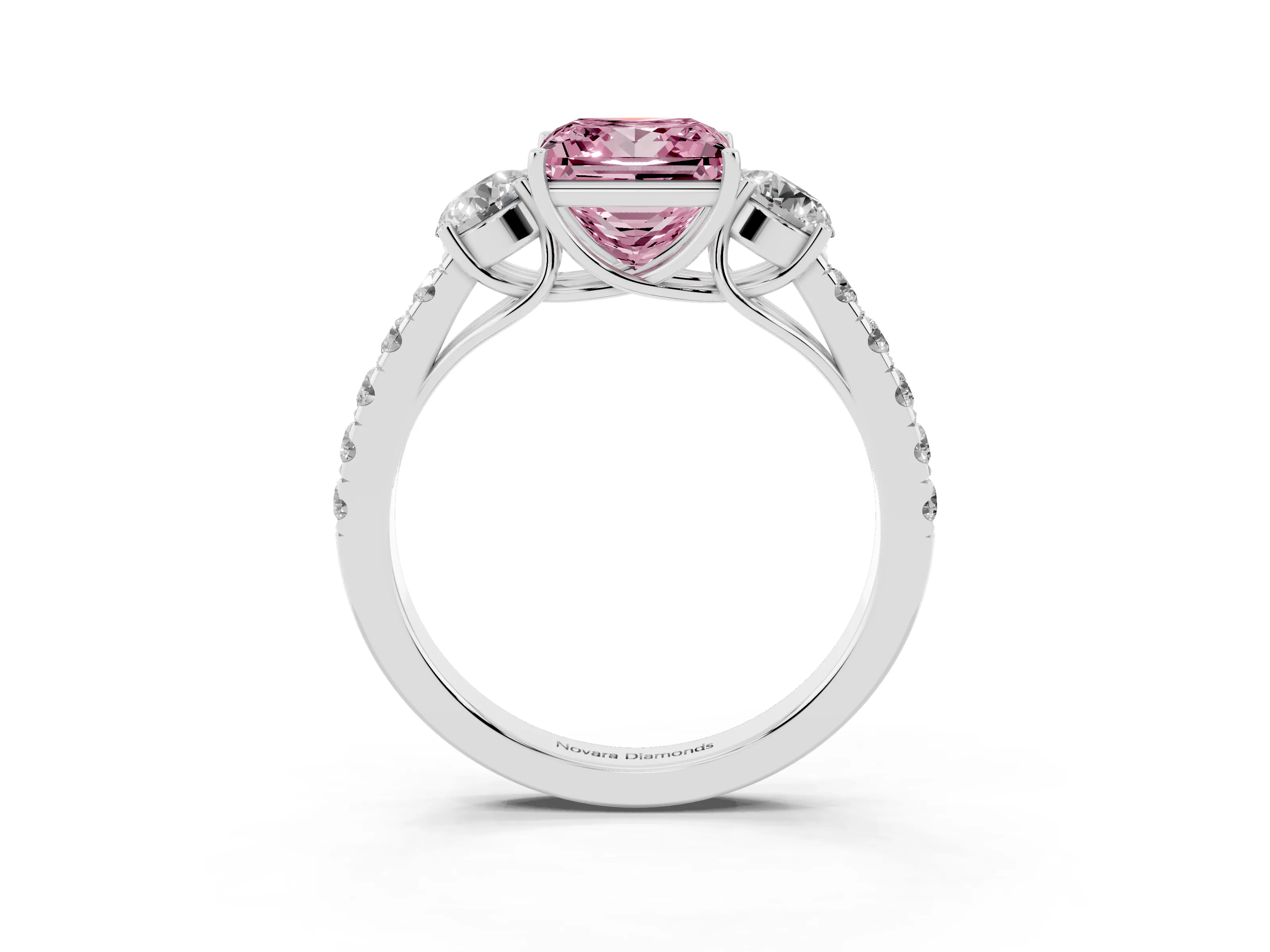 Fancy Pink Princess Cut Diamond Three-Stone Ring Set in Silver with Round Side Stones and Delicate Pavé Band
