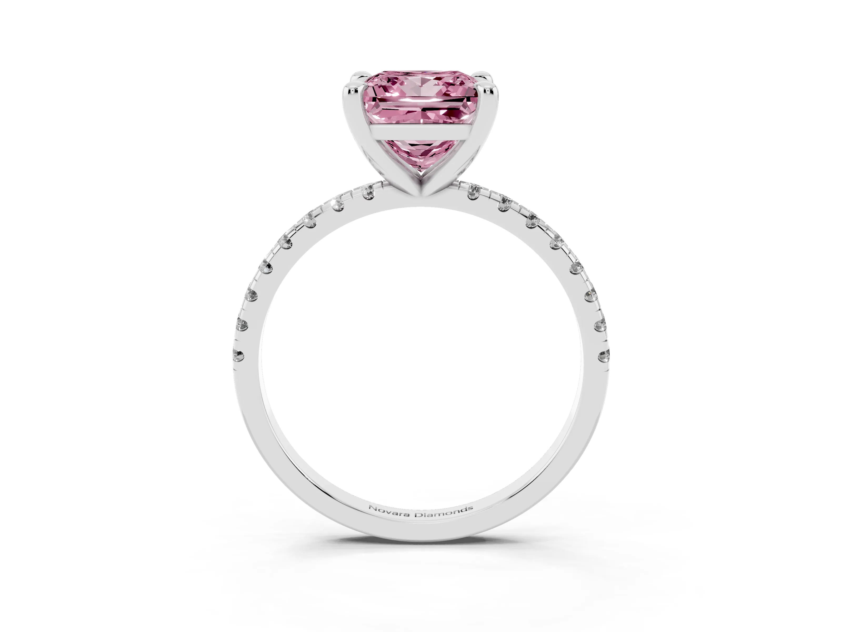 Fancy Pink Princess Cut Diamond Brilliant Solitaire Ring Set in Silver with Pavé Band and Prong Setting
