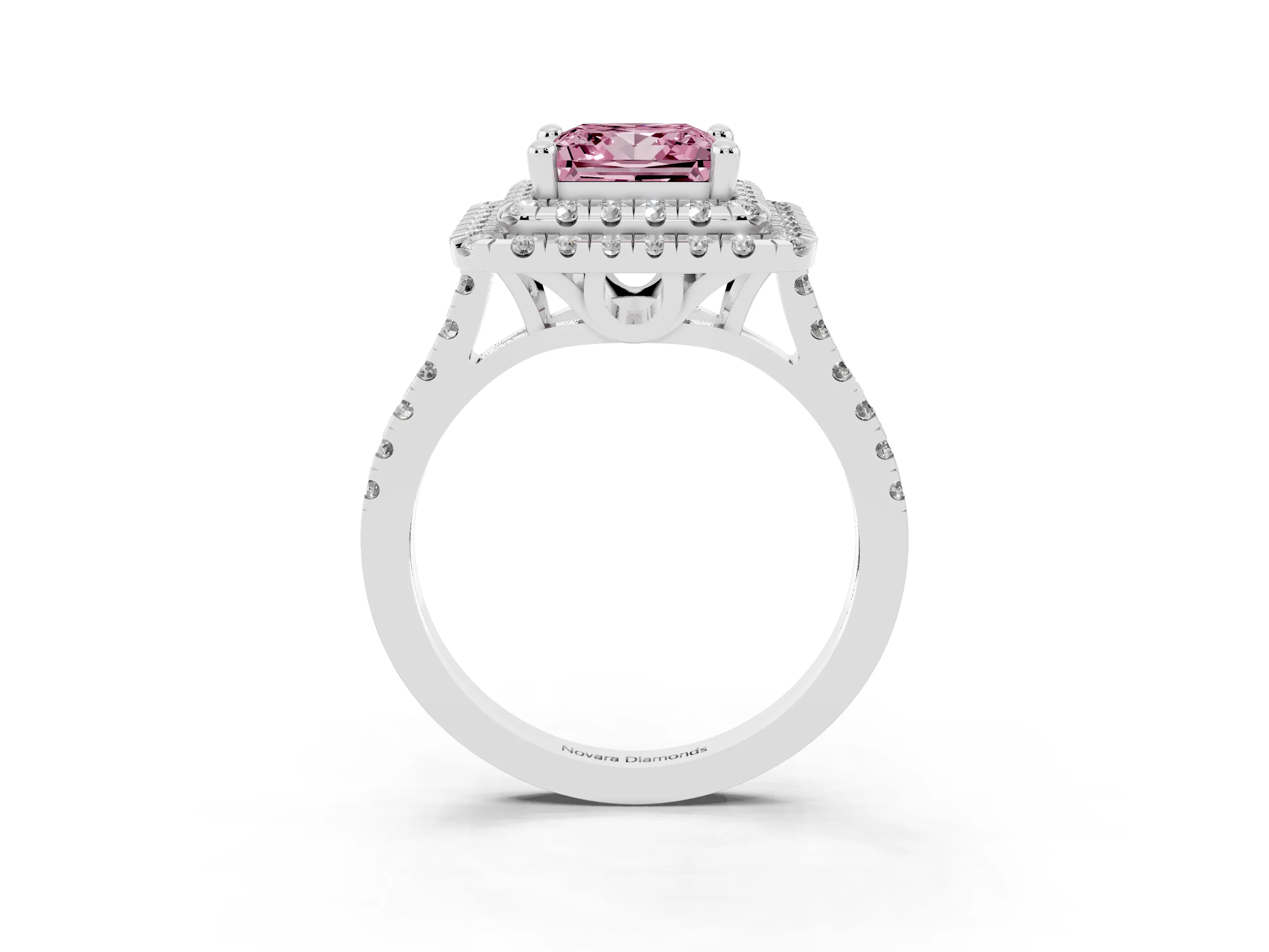 Fancy Pink Princess Cut Diamond Double Halo Statement Ring Set in White gold with Pavé Band