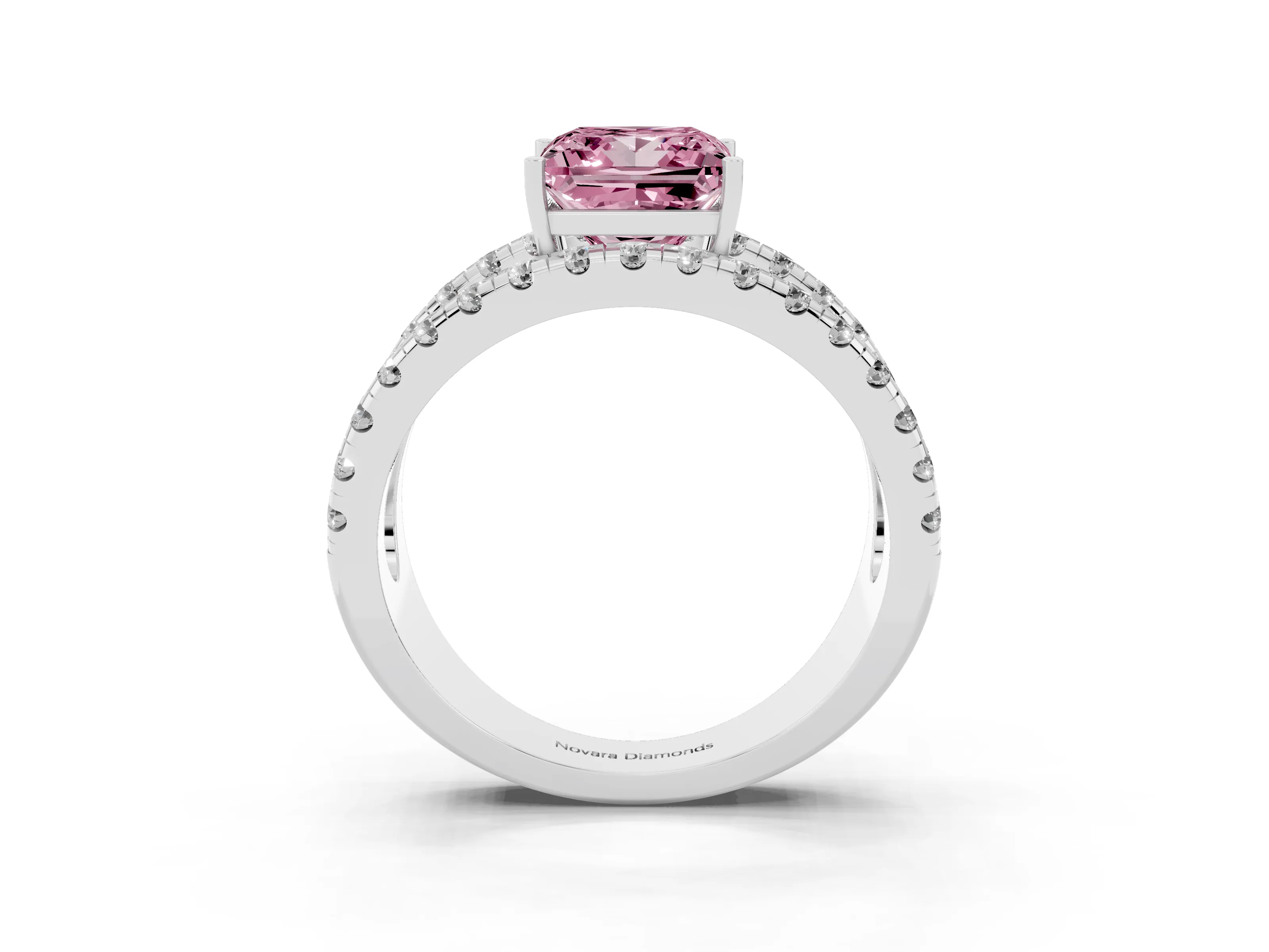 Fancy Pink Princess Cut Diamond Split Shank Pavé Solitaire Ring Set in Platinum with Open Shank Design