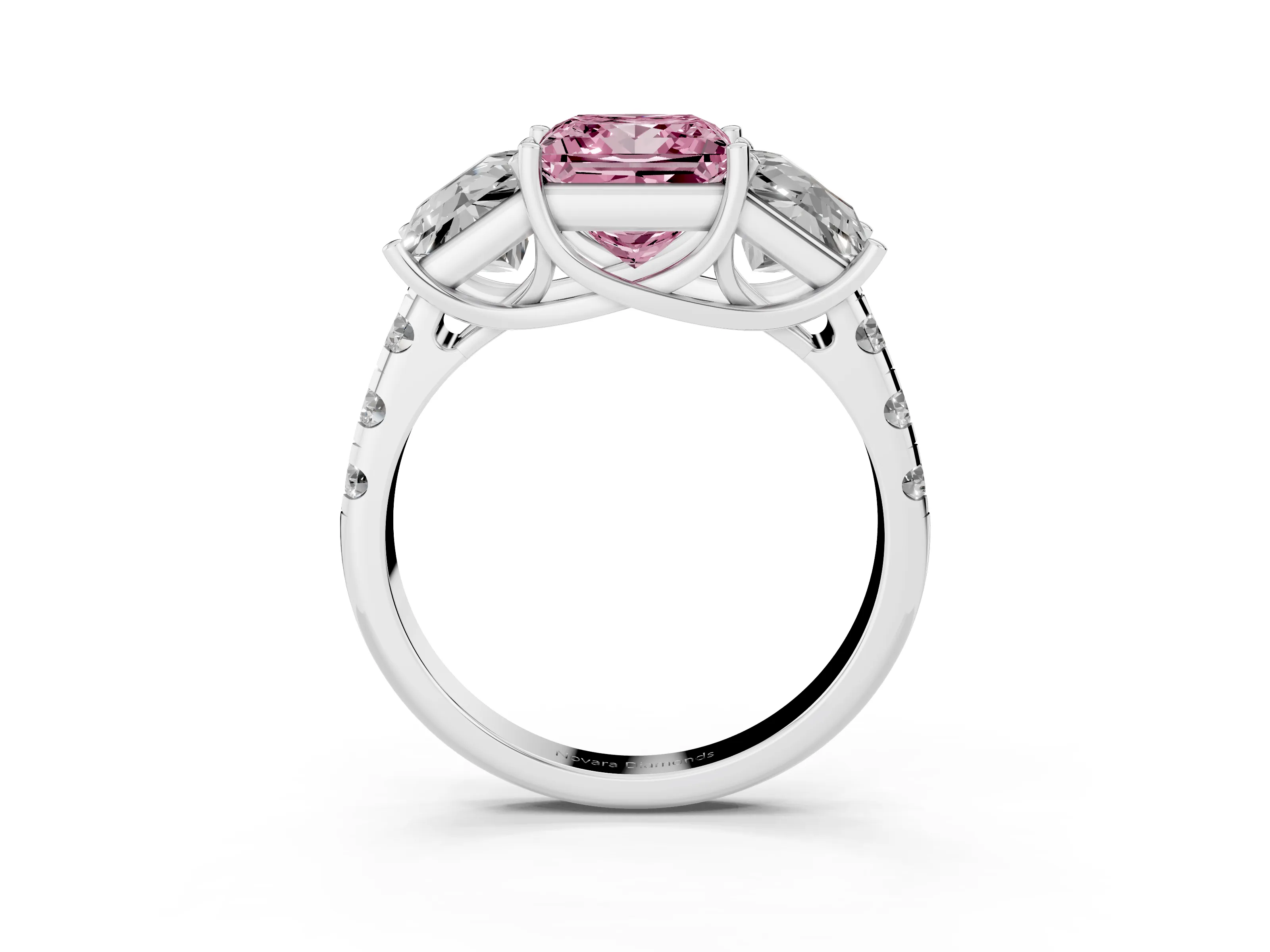 Fancy Pink Princess Cut Diamond Three-Stone Ring Set in Silver with Pavé Band