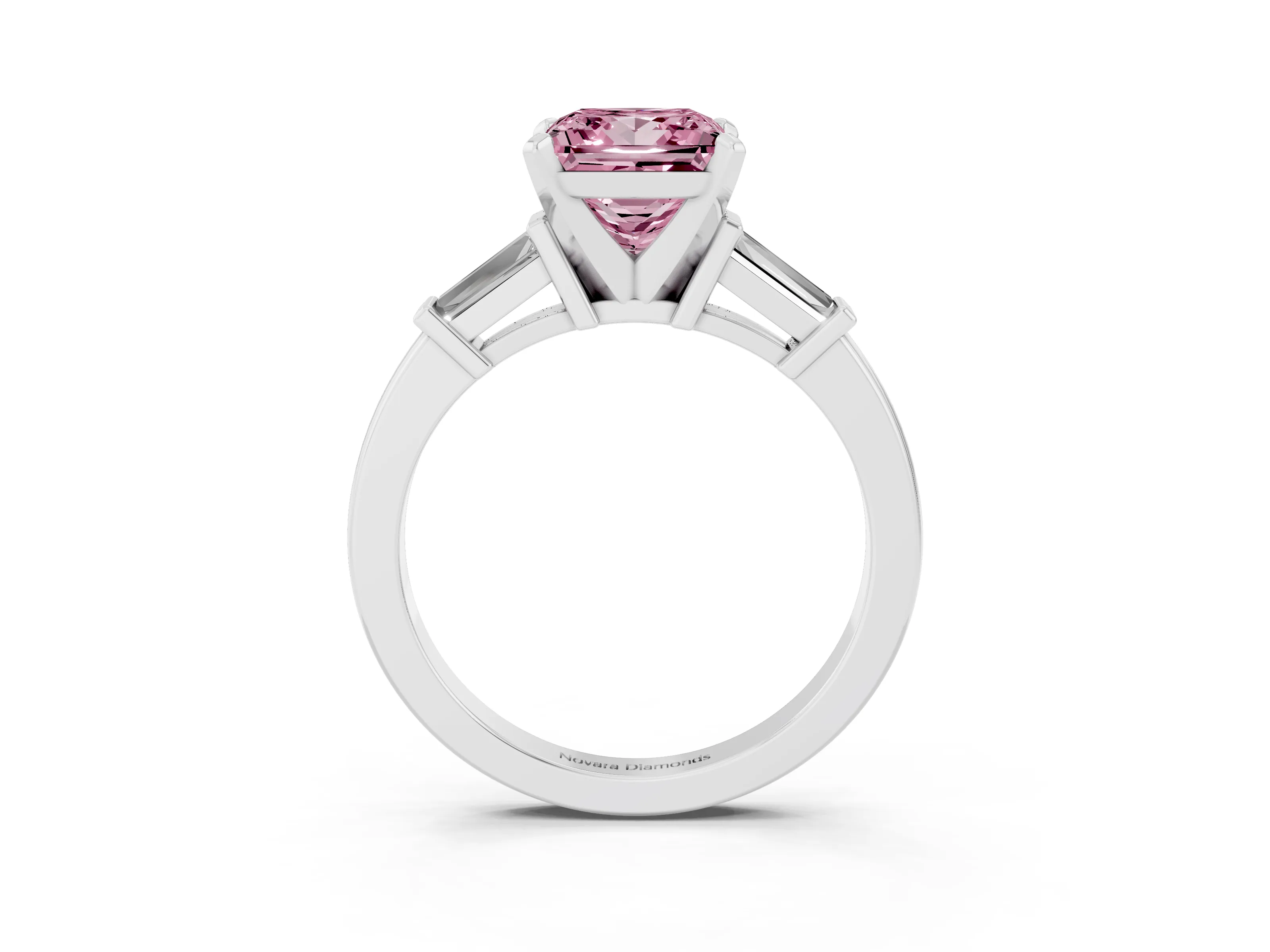 Fancy Pink Princess Cut Diamond Solitaire Ring Set in White gold with Tapered Baguette Accents and Prong Setting