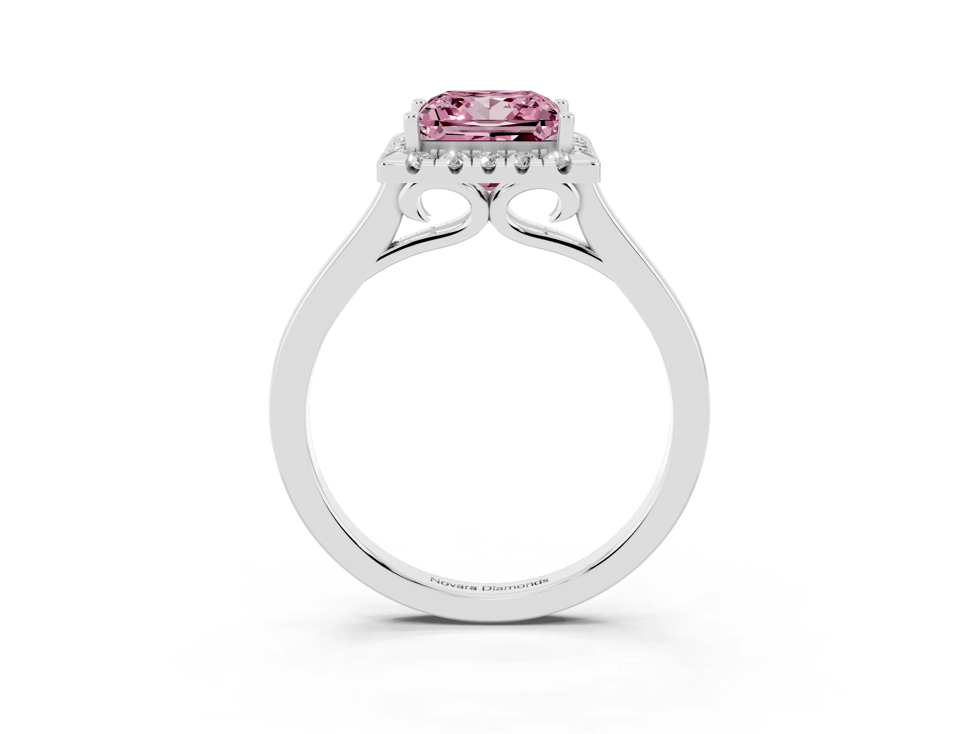 Fancy Pink Princess Cut Halo Round Diamond Solitaire Ring Set in Platinum with Pavé Band and Prong Setting