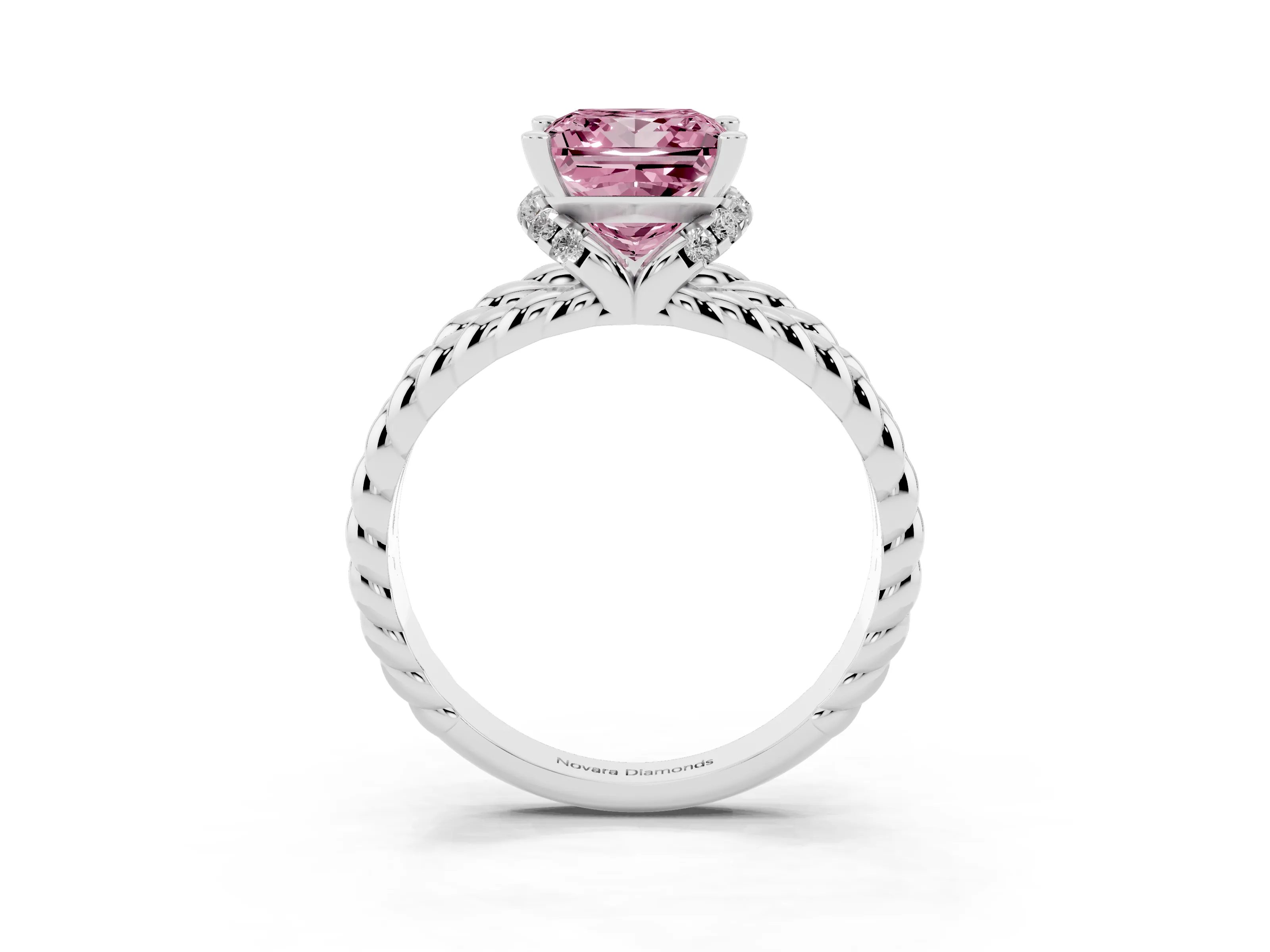 Fancy Pink Princess Cut Diamond Halo Ring Set in White gold with Twisted Band and Prong Setting