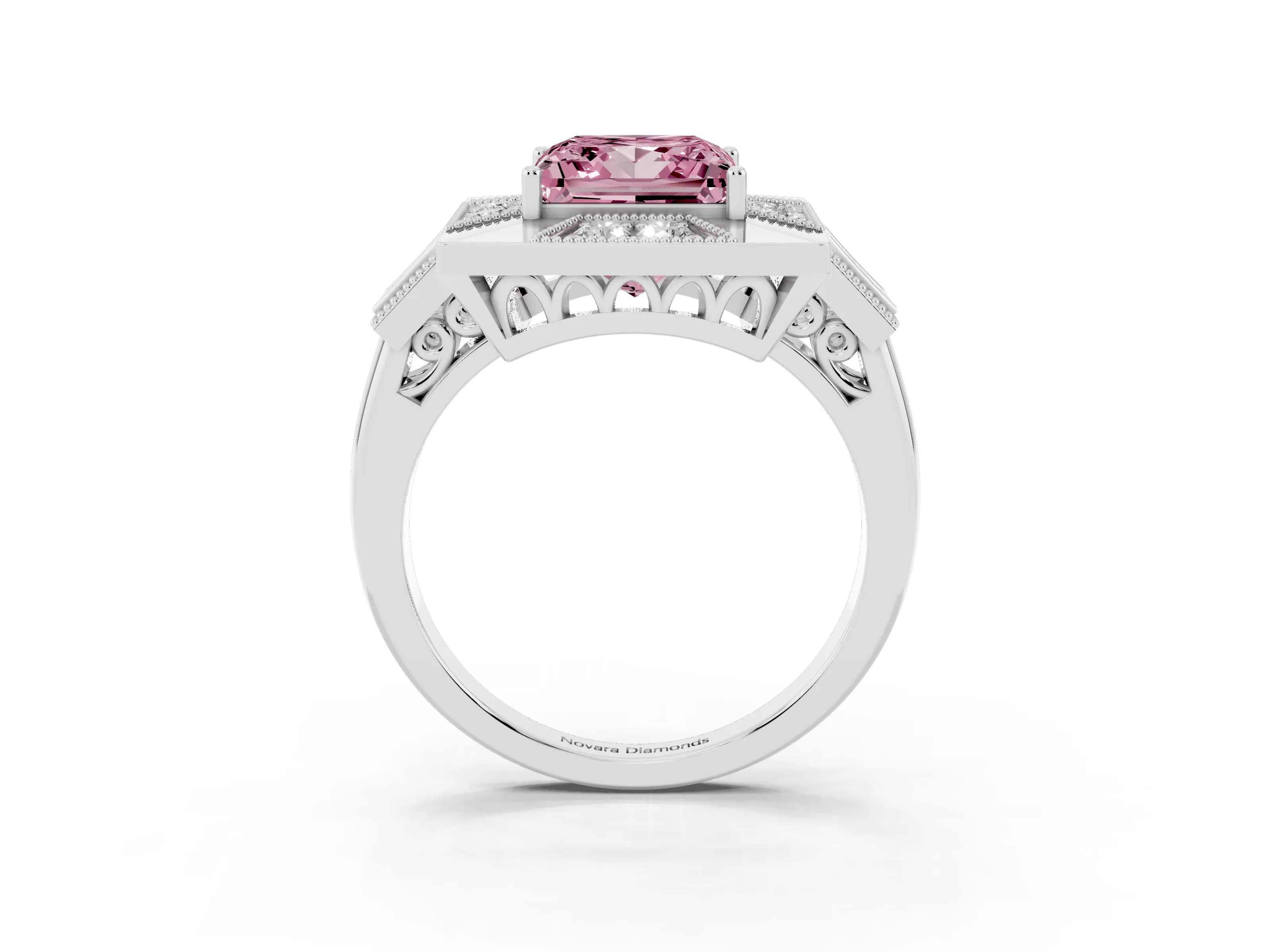 Fancy Pink Princess Cut Diamond Milgrain Halo Ring Set in Platinum with Split Shank