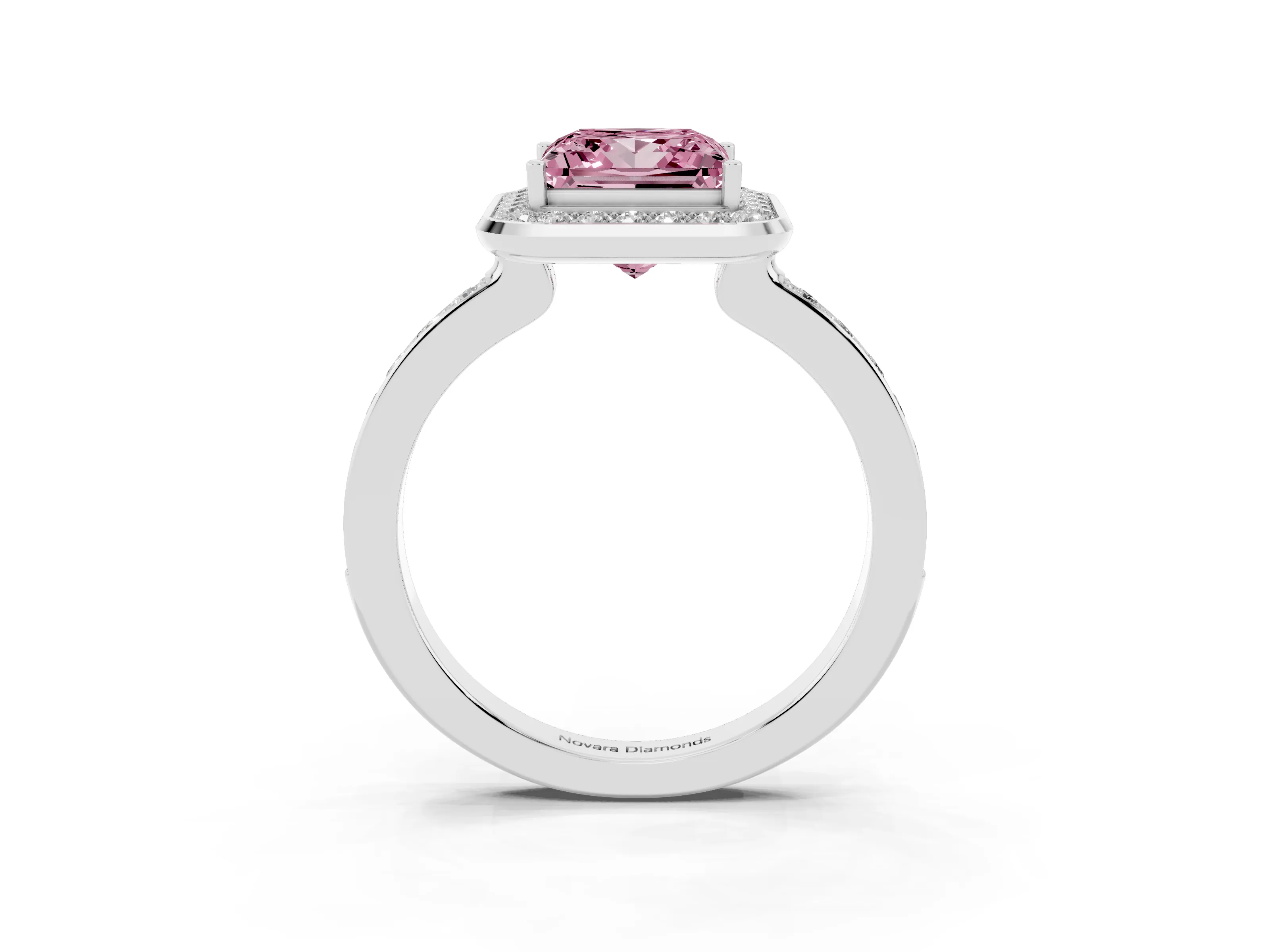 Fancy Pink Princess Cut Diamond Halo Ring Set in Silver with Bezel Frame and Pavé Band