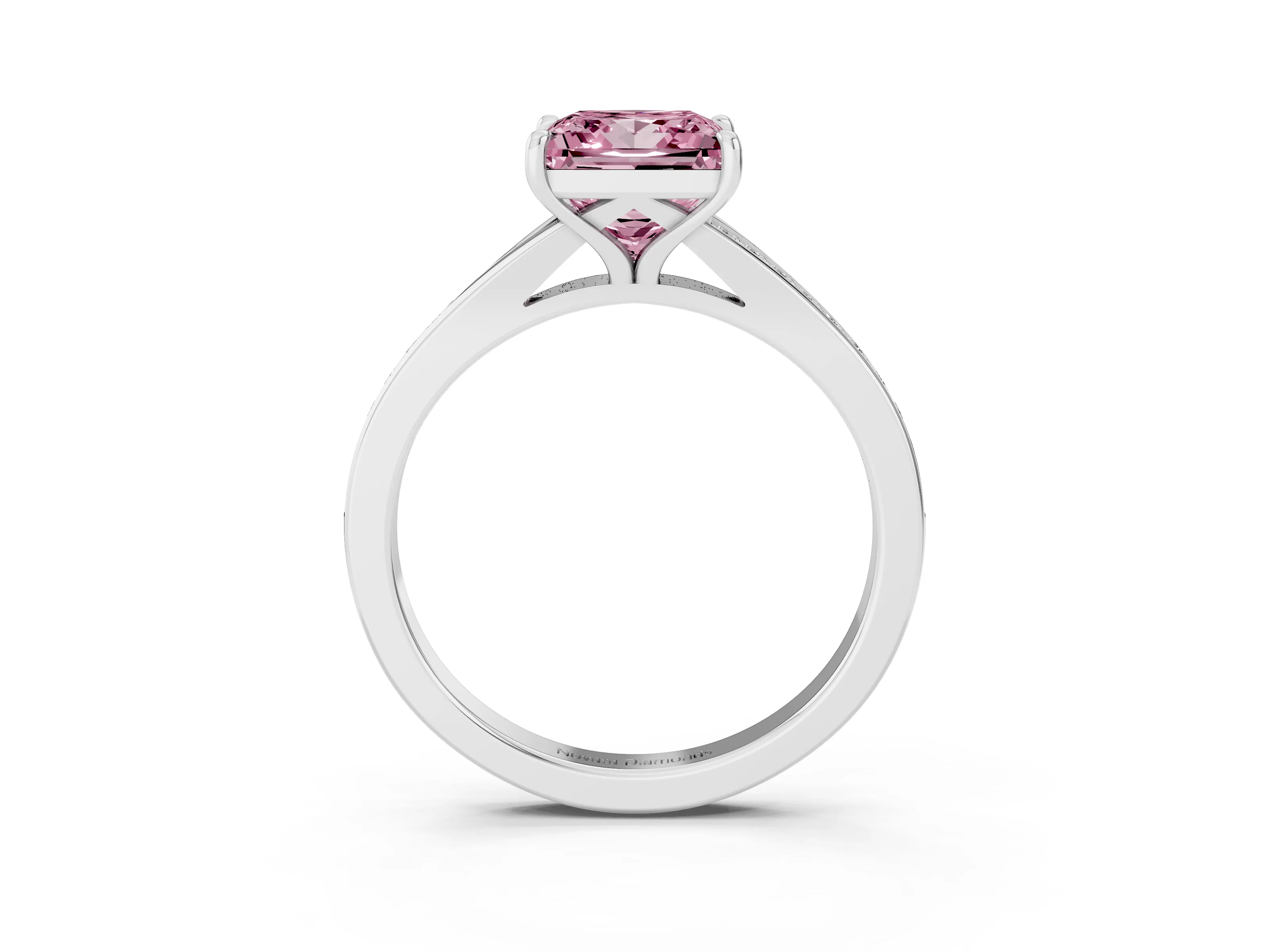 Fancy Pink Princess Cut Diamond Solitaire Ring Set in Platinum with Pavé Accent Band and Classic Prong Setting