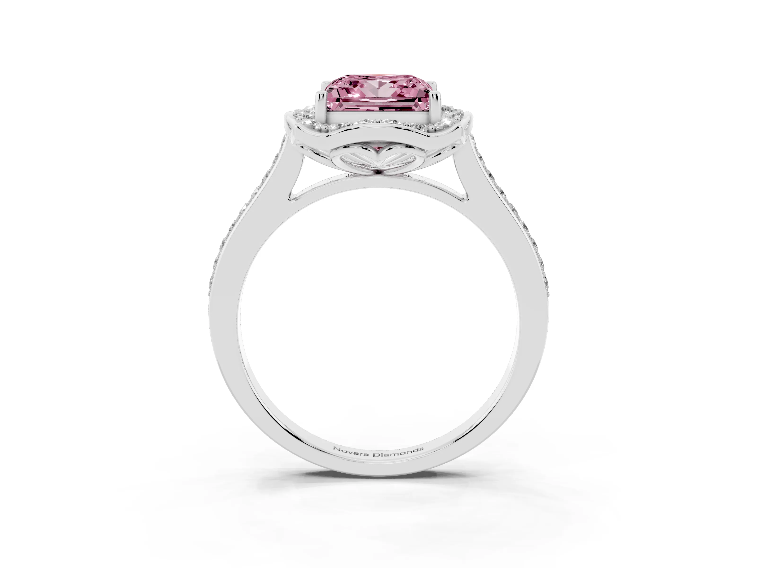Fancy Pink Princess Cut Diamond Halo Ring Set in White gold with Pavé-Lined Shoulders and Prong Setting