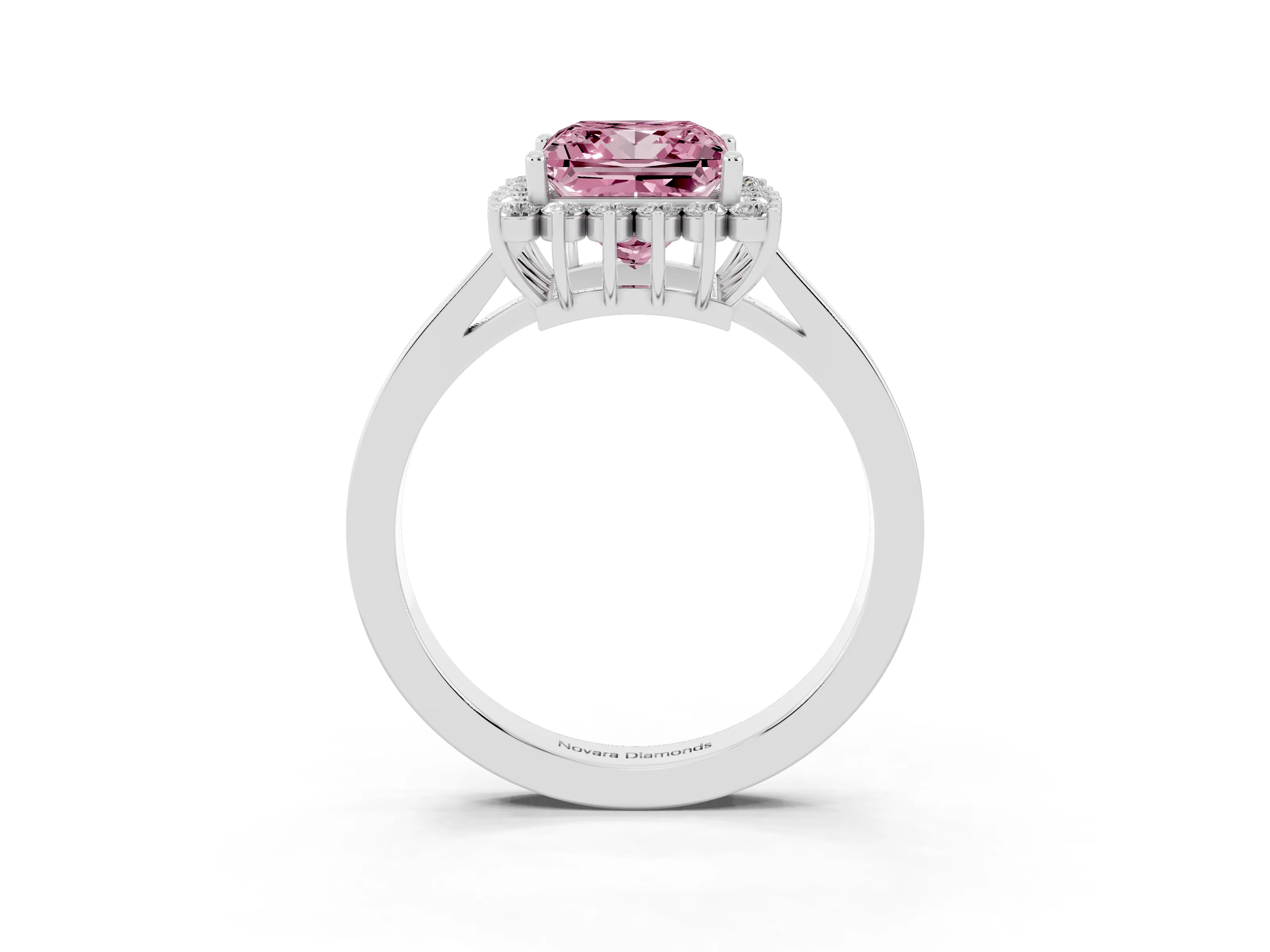 Fancy Pink Princess Cut Diamond Halo Ring Set in White gold with Round Halo and Smooth Solitaire Band