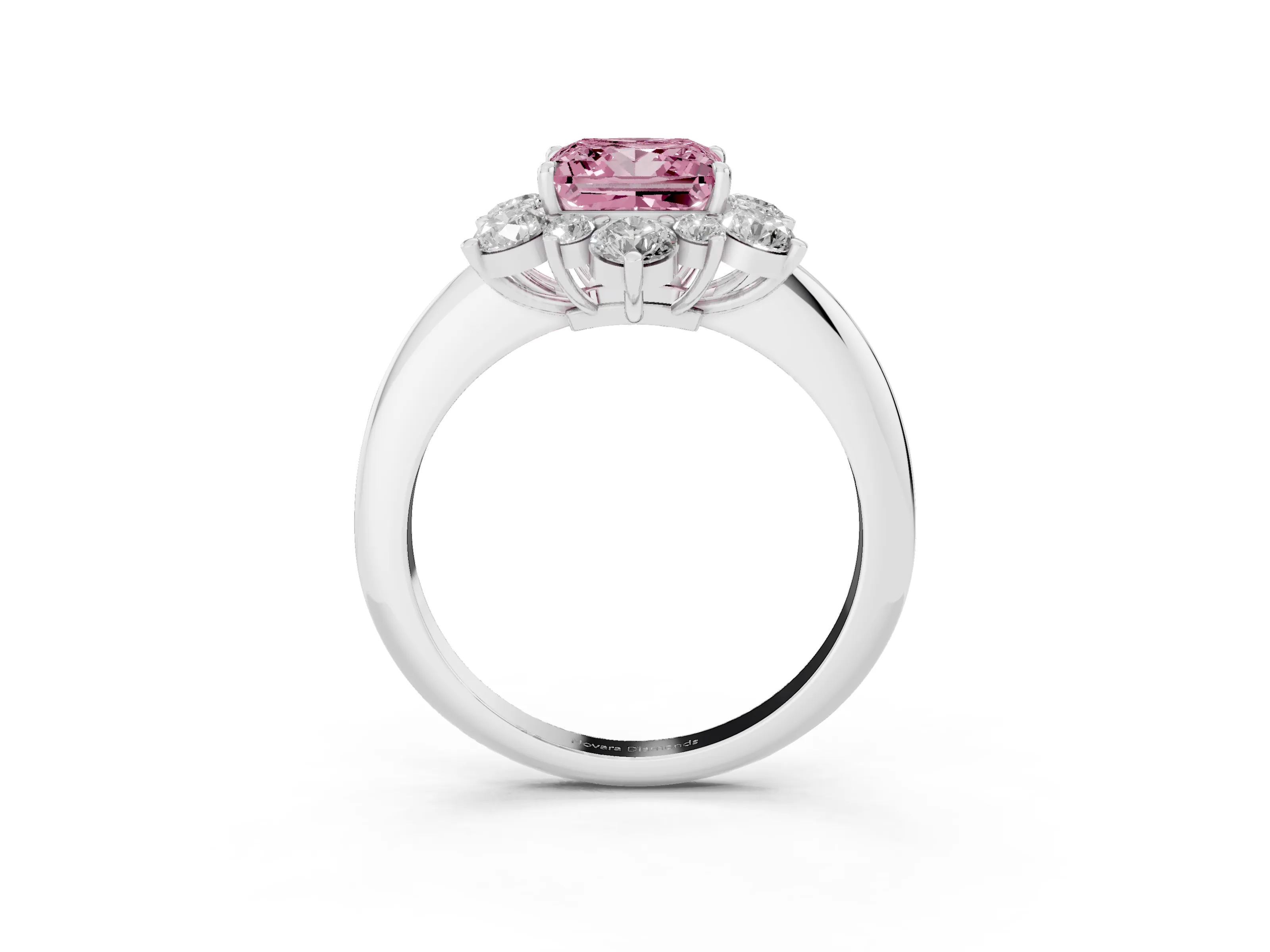 Fancy Pink Princess Cut Diamond Cluster Halo Ring Set in Silver with Solitaire Band and Prong Setting