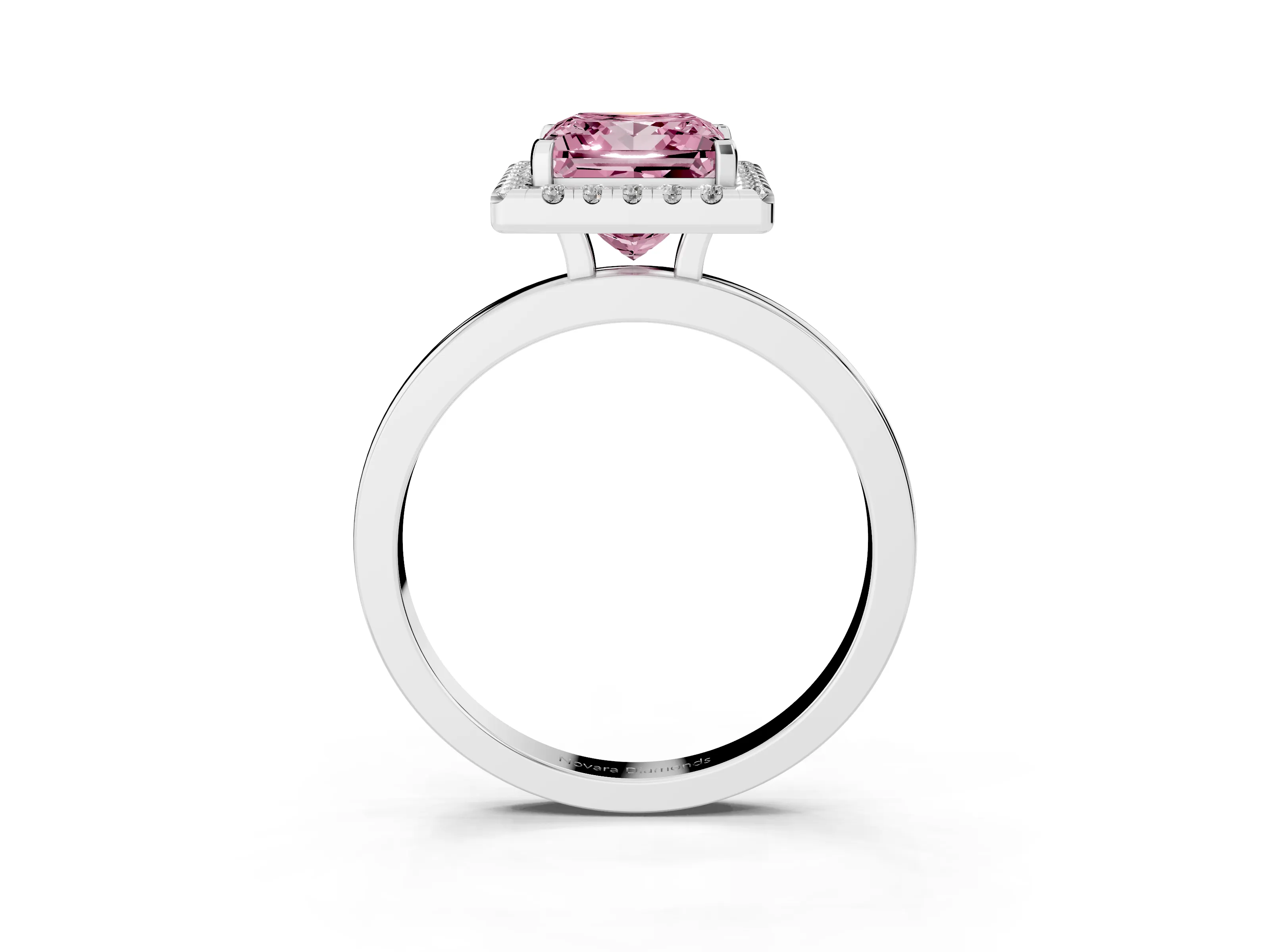 Fancy Pink Princess Cut Diamond Halo Solitaire Ring Set in Silver with Pavé Band and Prong Setting
