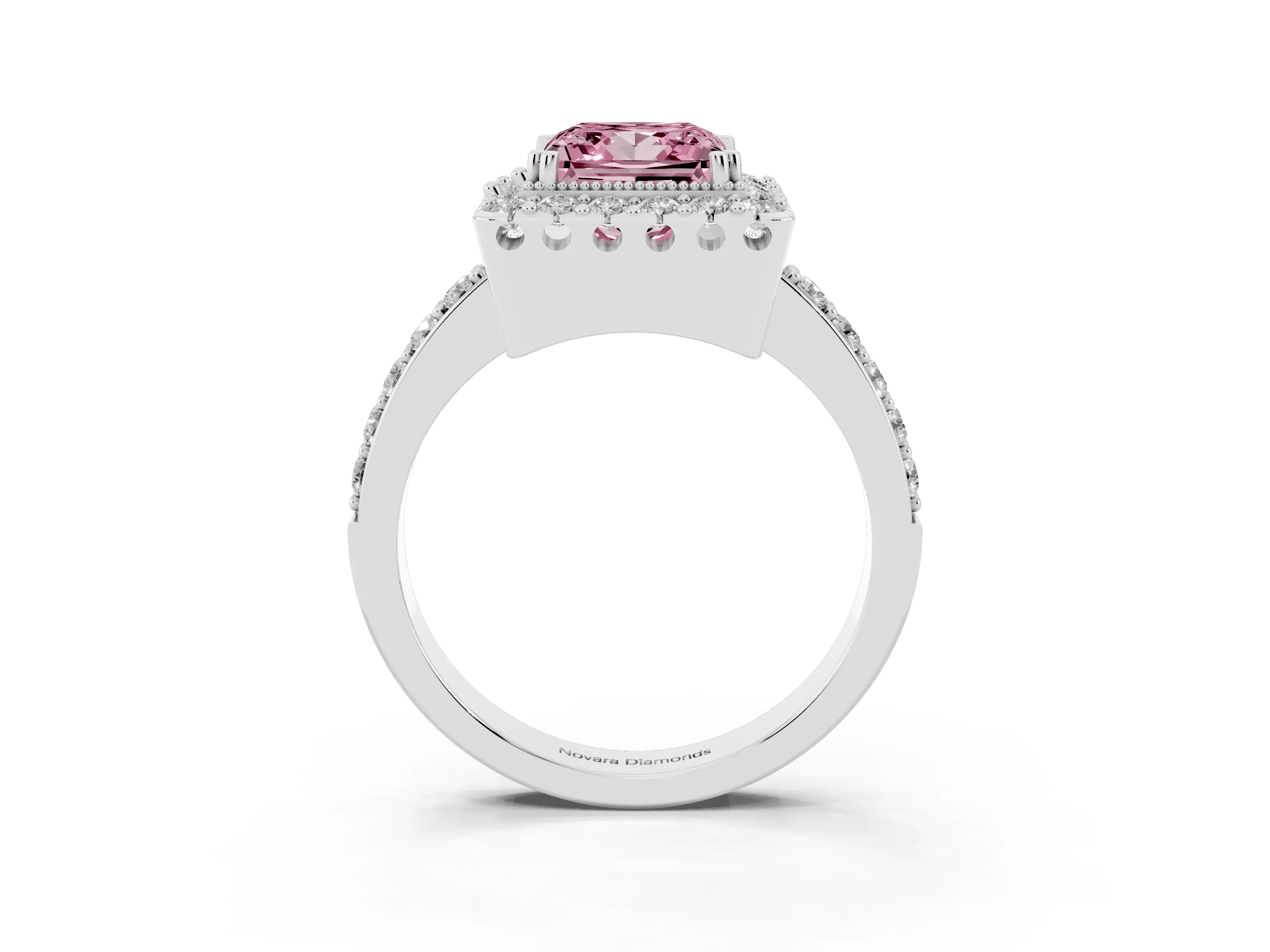 Fancy Pink Princess Cut Diamond Halo Ring Set in Silver with Pavé Shank and Prong Setting