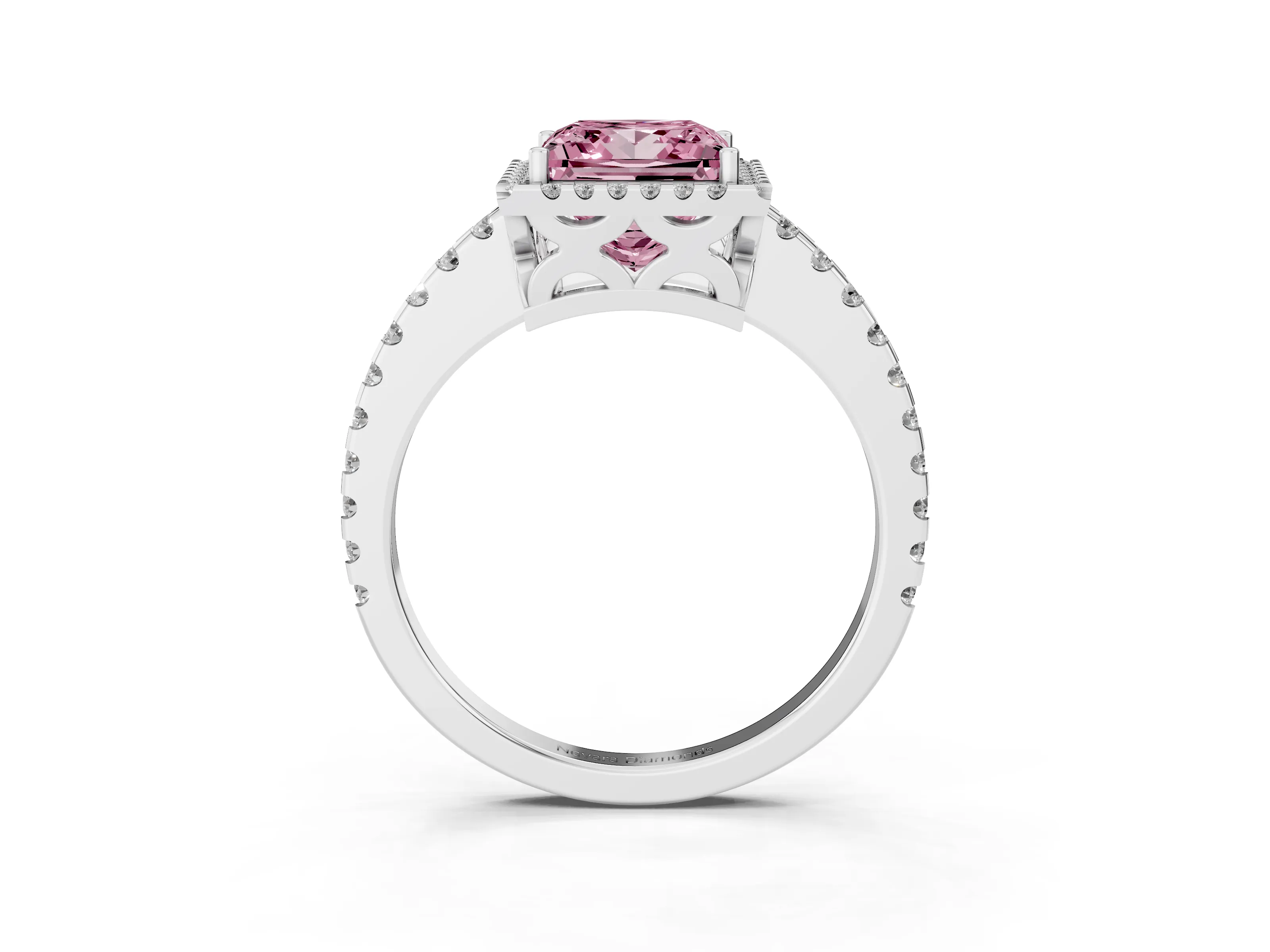 Fancy Pink Princess Cut Diamond Halo Ring Set in White gold with Pavé Shoulders and Halo-Framed Center