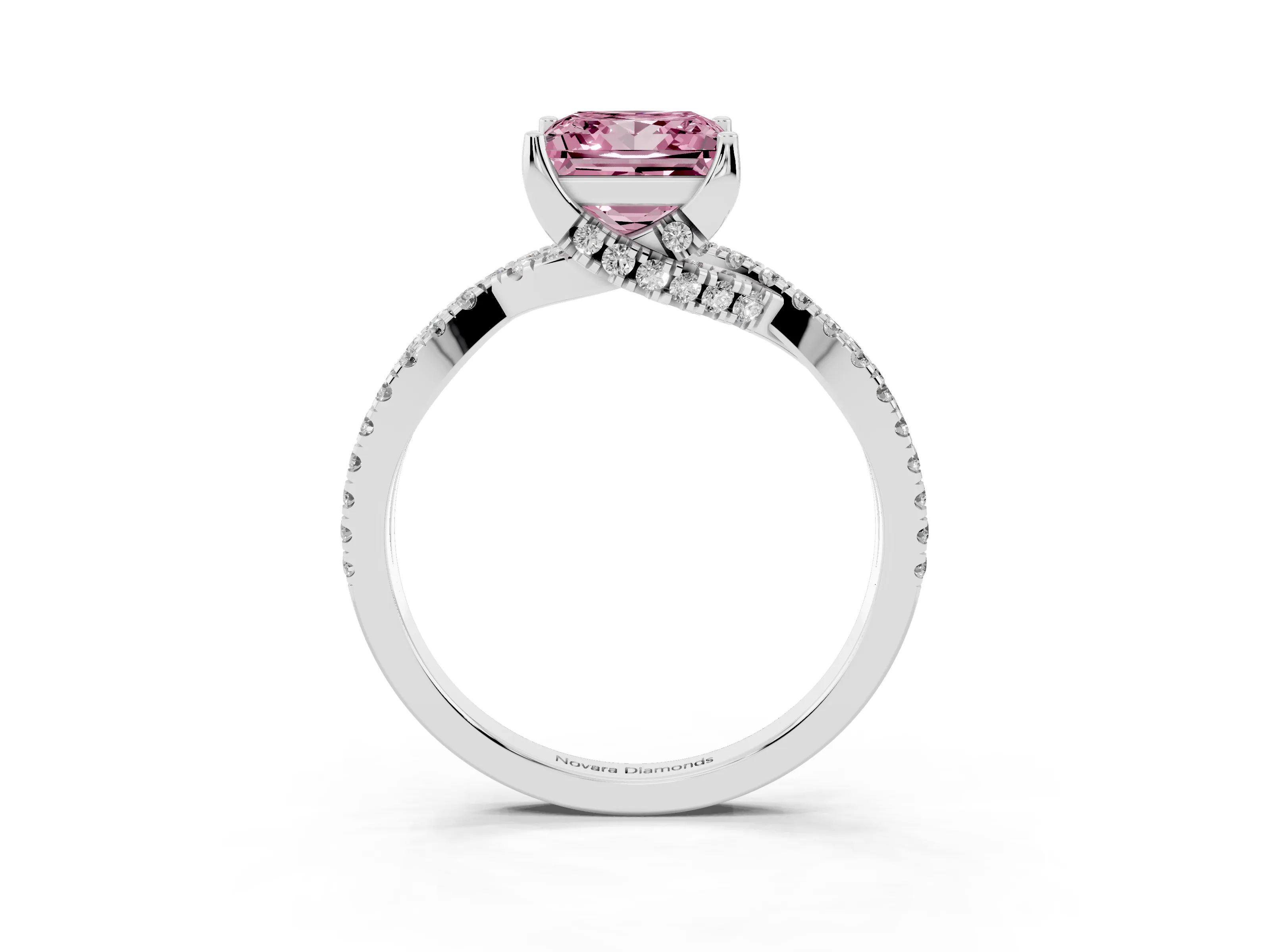 Fancy Pink Princess Cut Diamond Twist Pavé Solitaire Engagement Ring Set in Silver with Prong Setting