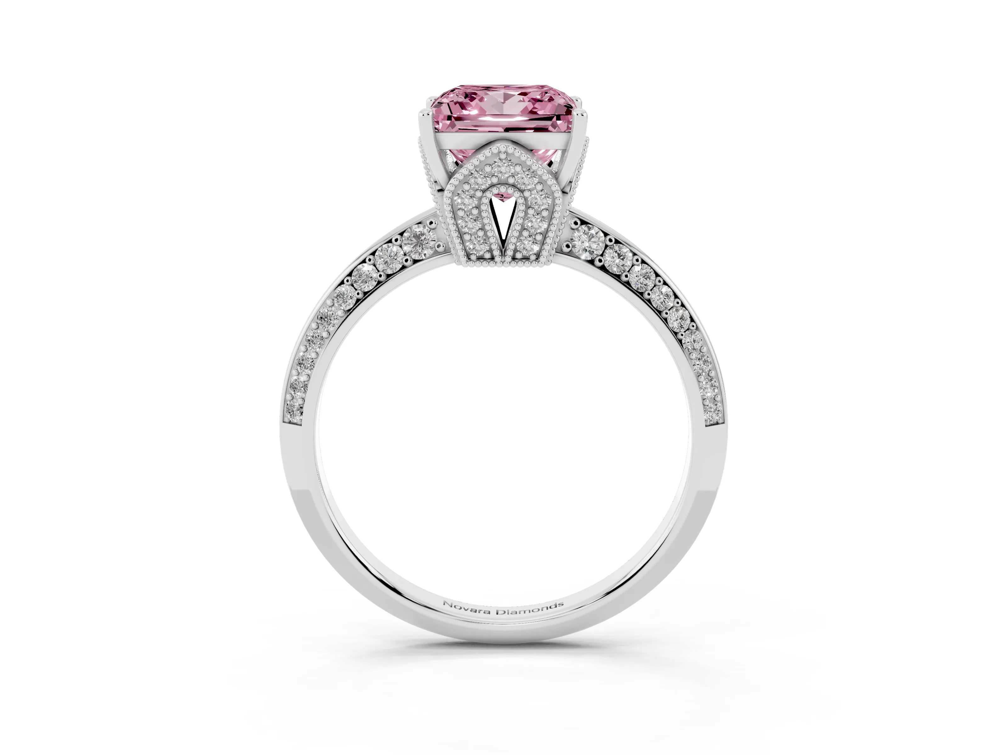 Fancy Pink Princess Cut Diamond Solitaire Engagement Ring Set in White gold with Pavé Split Shank and Prong Setting