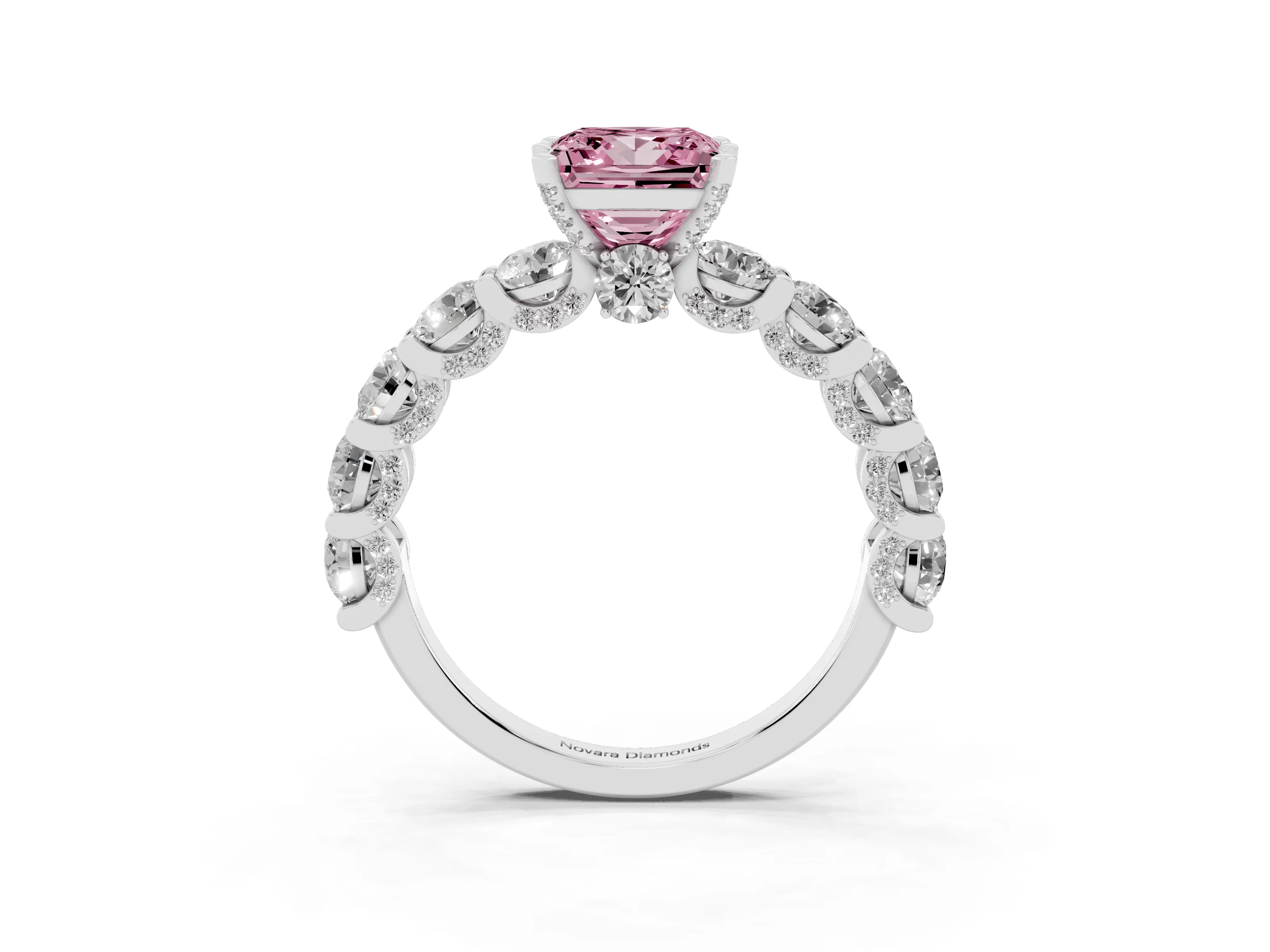 Fancy Pink Princess Cut Diamond Side Stone Ring Set in Silver with Alternating Round and Oval Side Stones