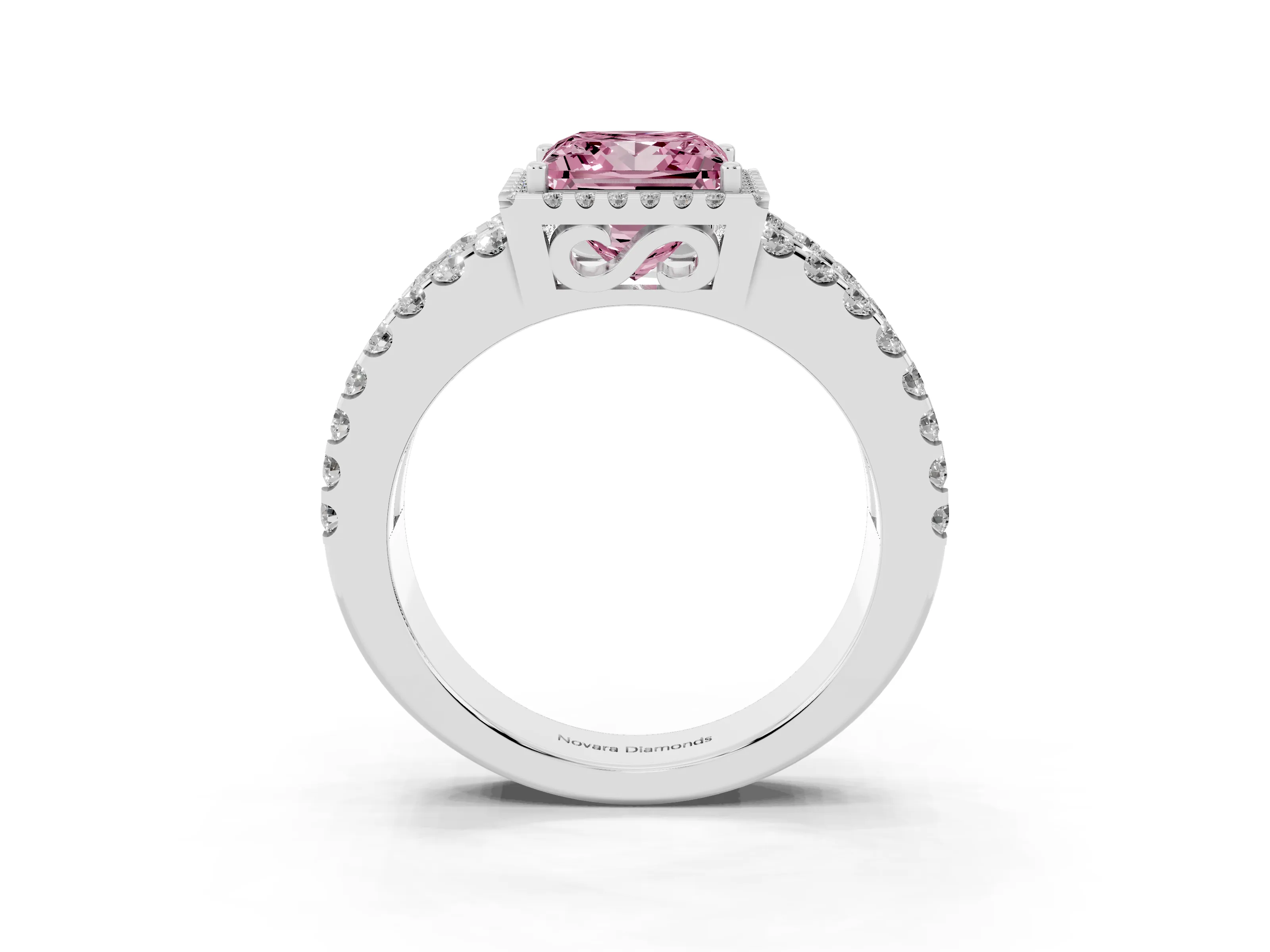 Fancy Pink Princess Cut Diamond Halo Ring Set in Silver with Pavé Split Shank and Prong Setting