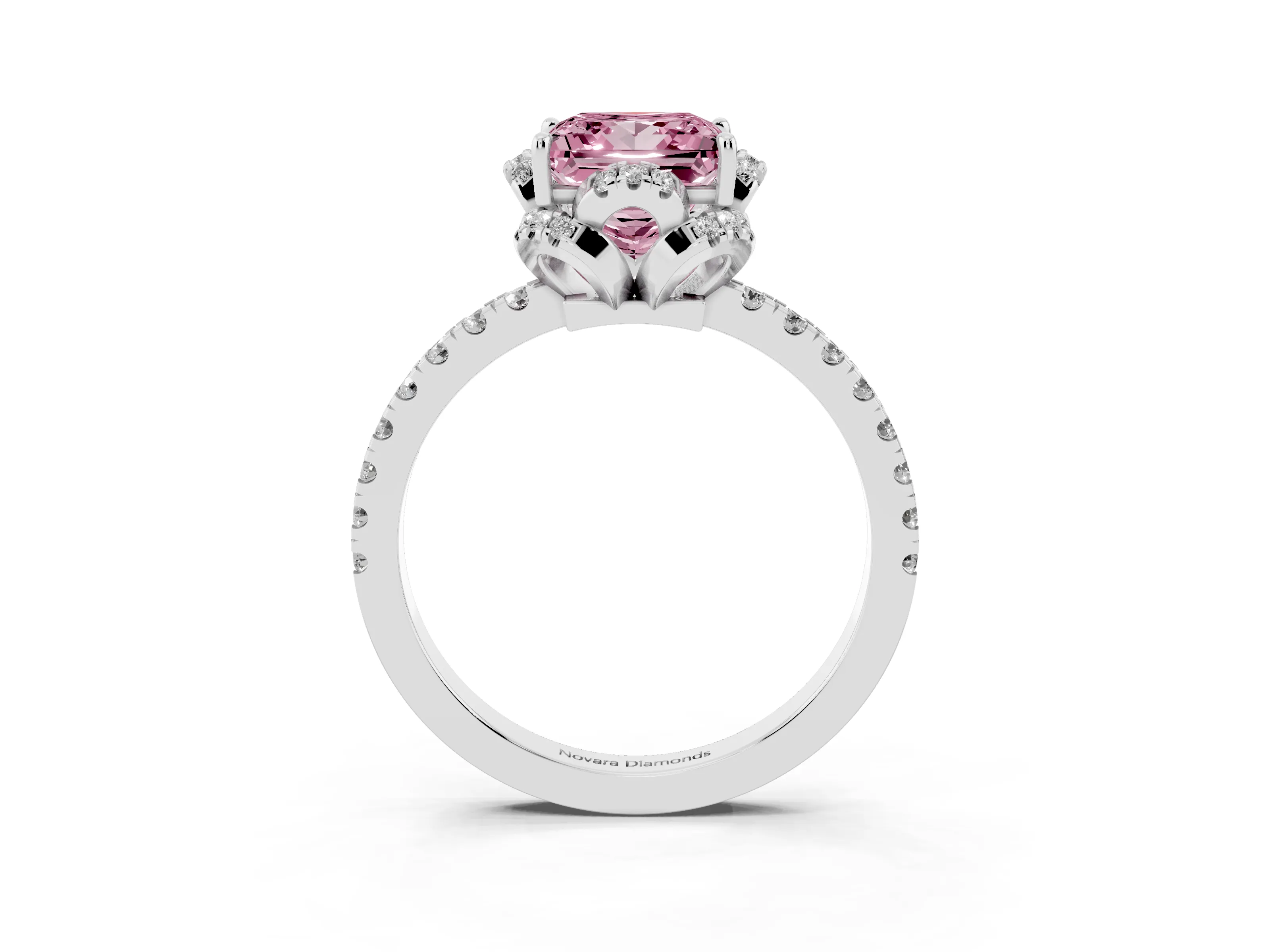 Fancy Pink Princess Cut Diamond Halo Pavé Band Ring Set in Silver with Prong-Held Center