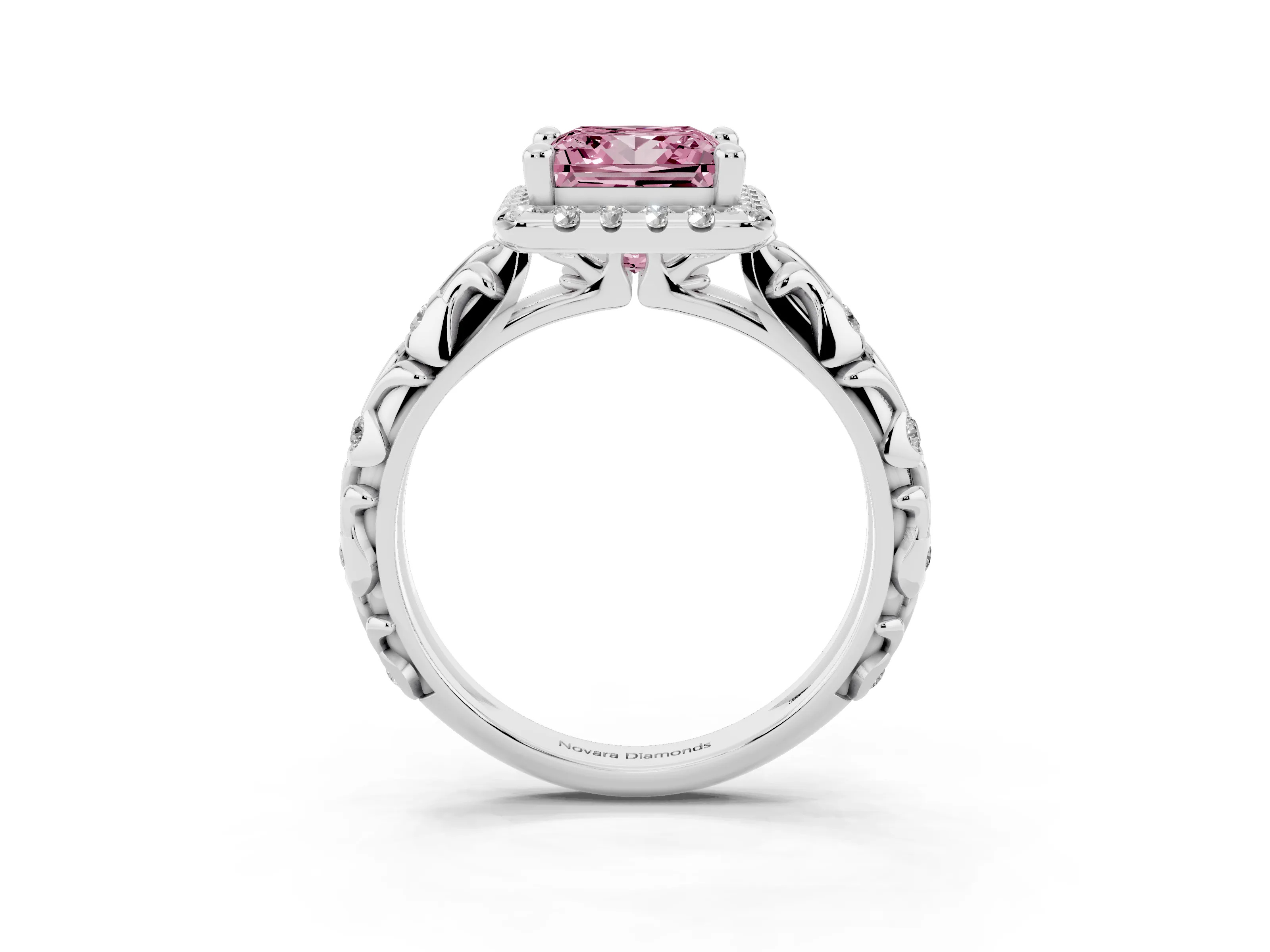Fancy Pink Princess Cut Diamond Halo Ring Set in Silver with Filigree Leaf Band and Prong Setting