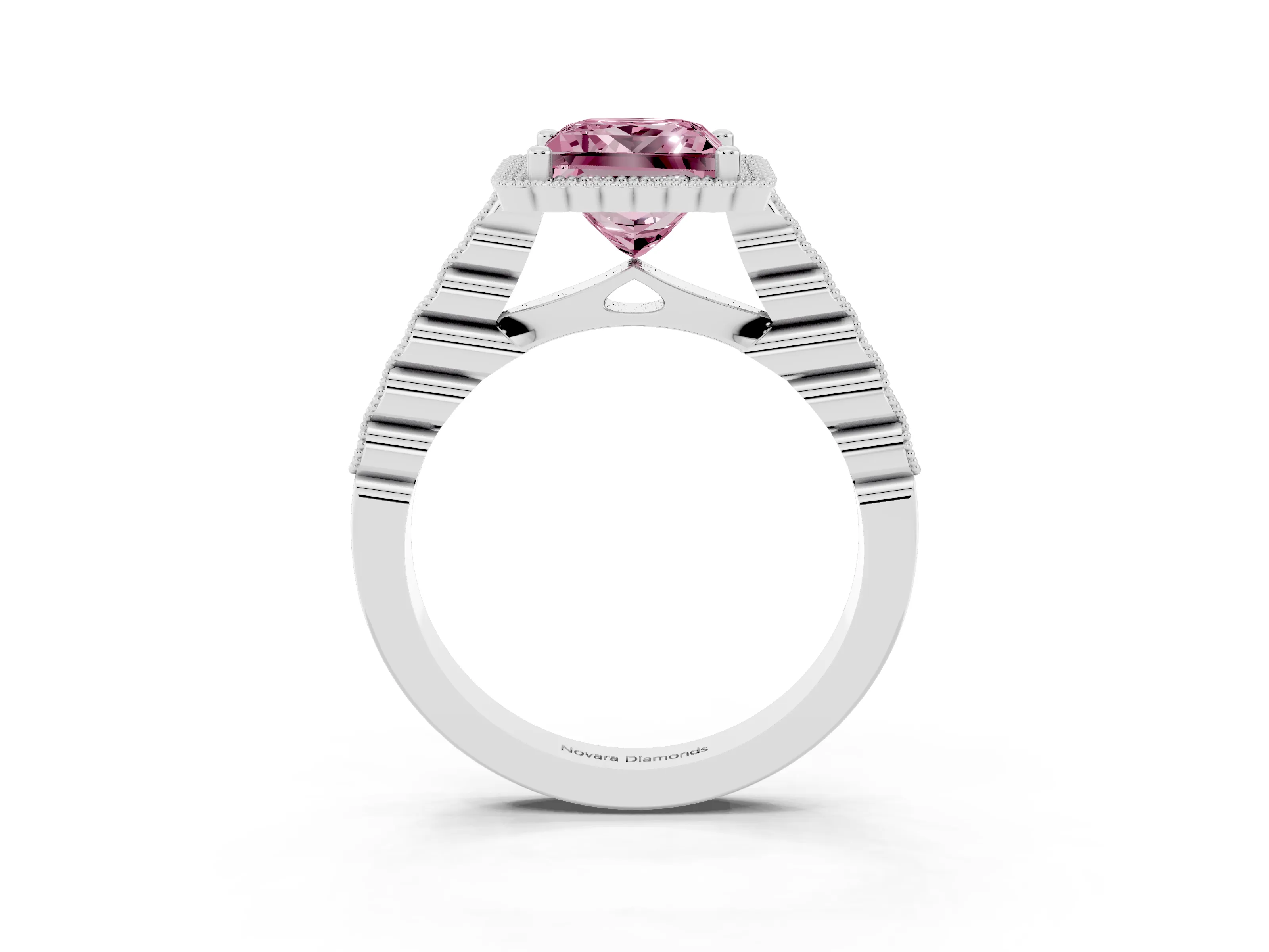 Fancy Pink Princess Cut Diamond Halo Ring Set in White gold with Pavé Milgrain Band