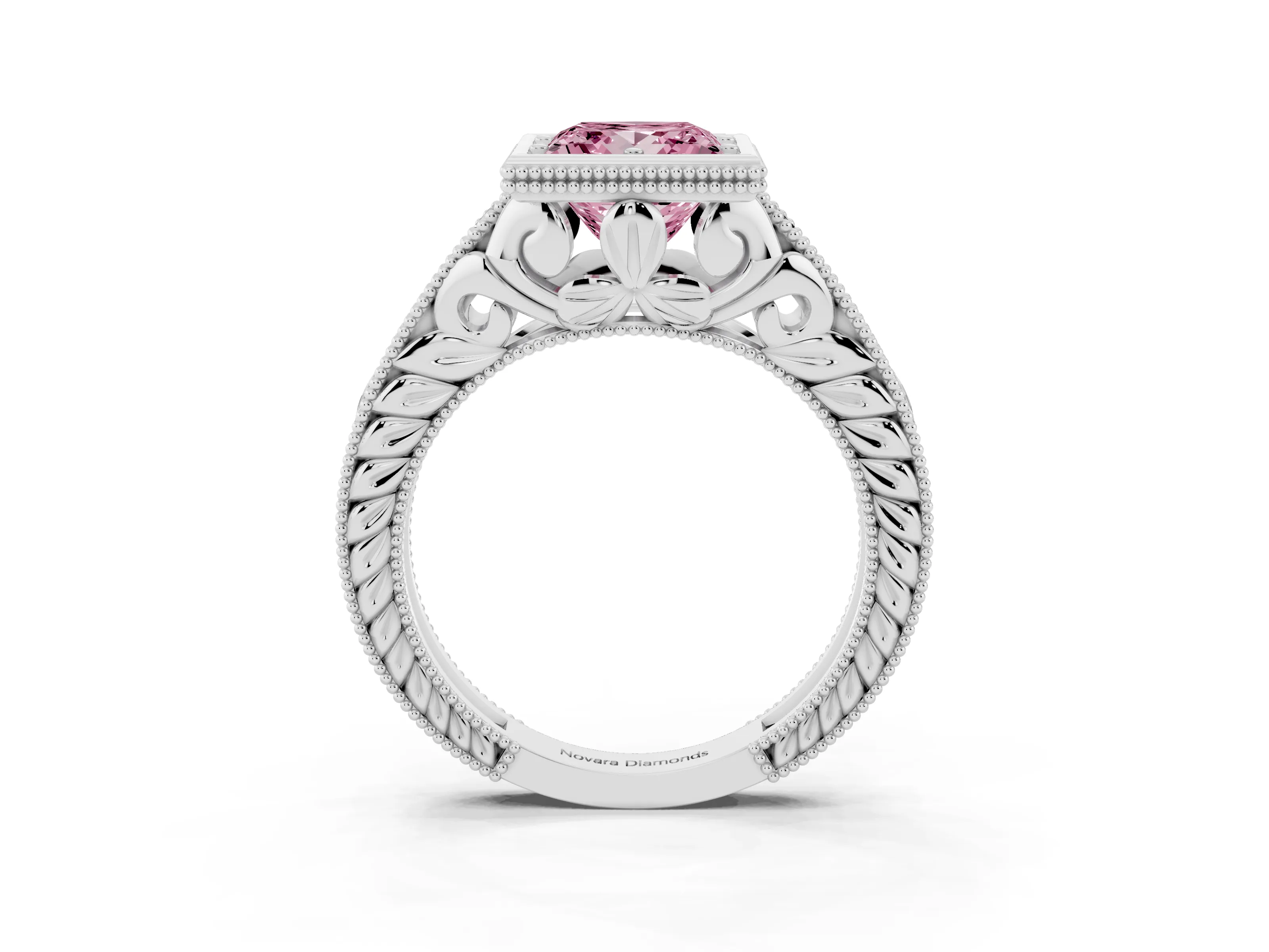 Fancy Pink Bezel Set Princess Cut Diamond Milgrain Pavé Engagement Ring Set in Platinum