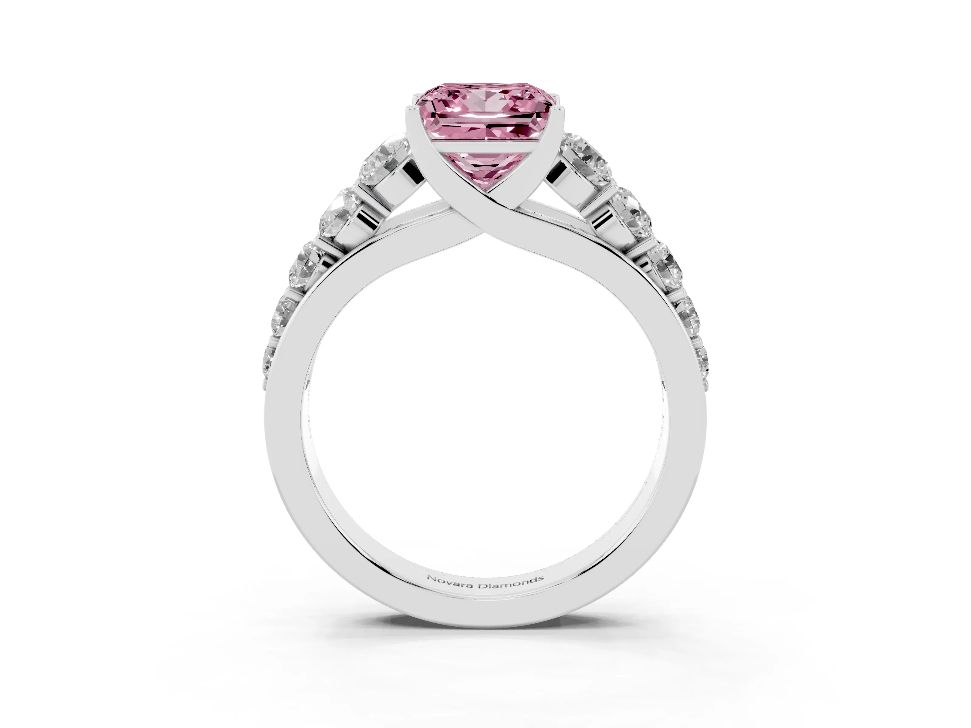 Fancy Pink Princess Cut Diamond Solitaire Ring Set in Platinum with Pavé-Set Band and Prong Setting