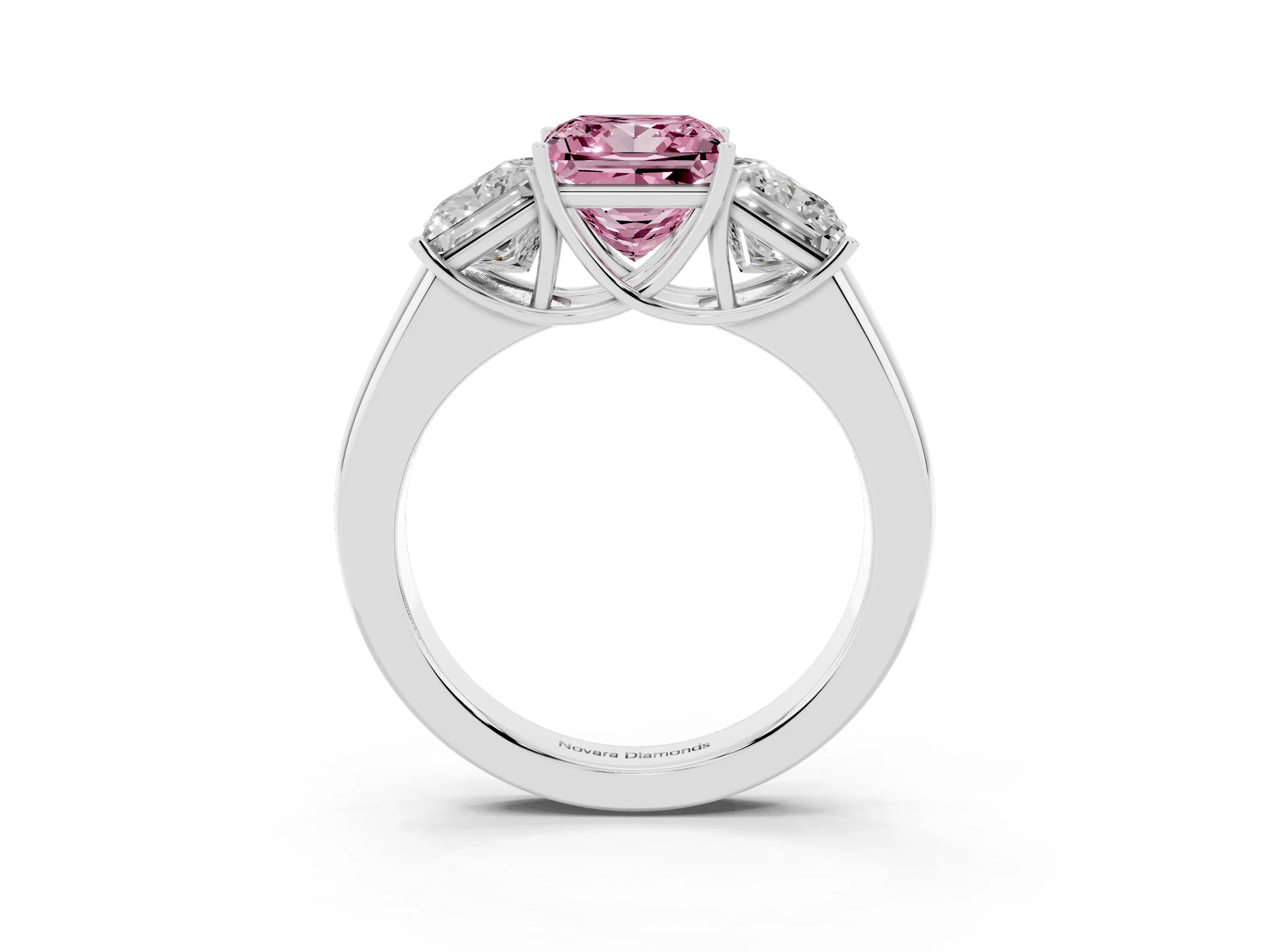 Fancy Pink Three-Stone Princess Cut Diamond Ring Set in Platinum with Matching Prong Settings and Plain Band