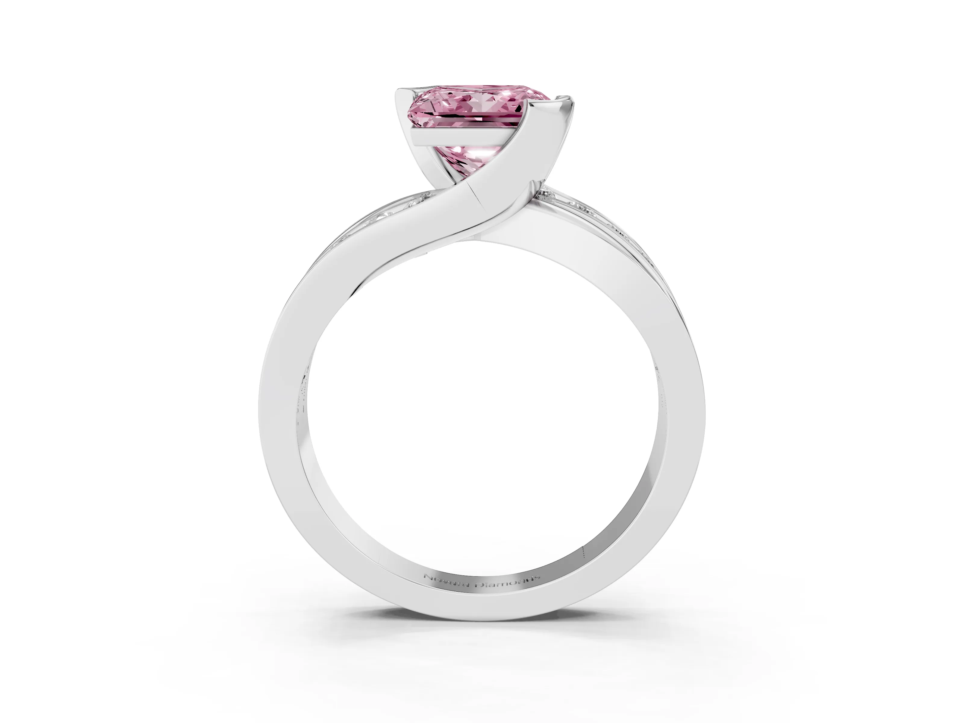 Fancy Pink Princess Cut Diamond Solitaire Ring Set in Silver with Channel Set Split Shank and Tension Prongs