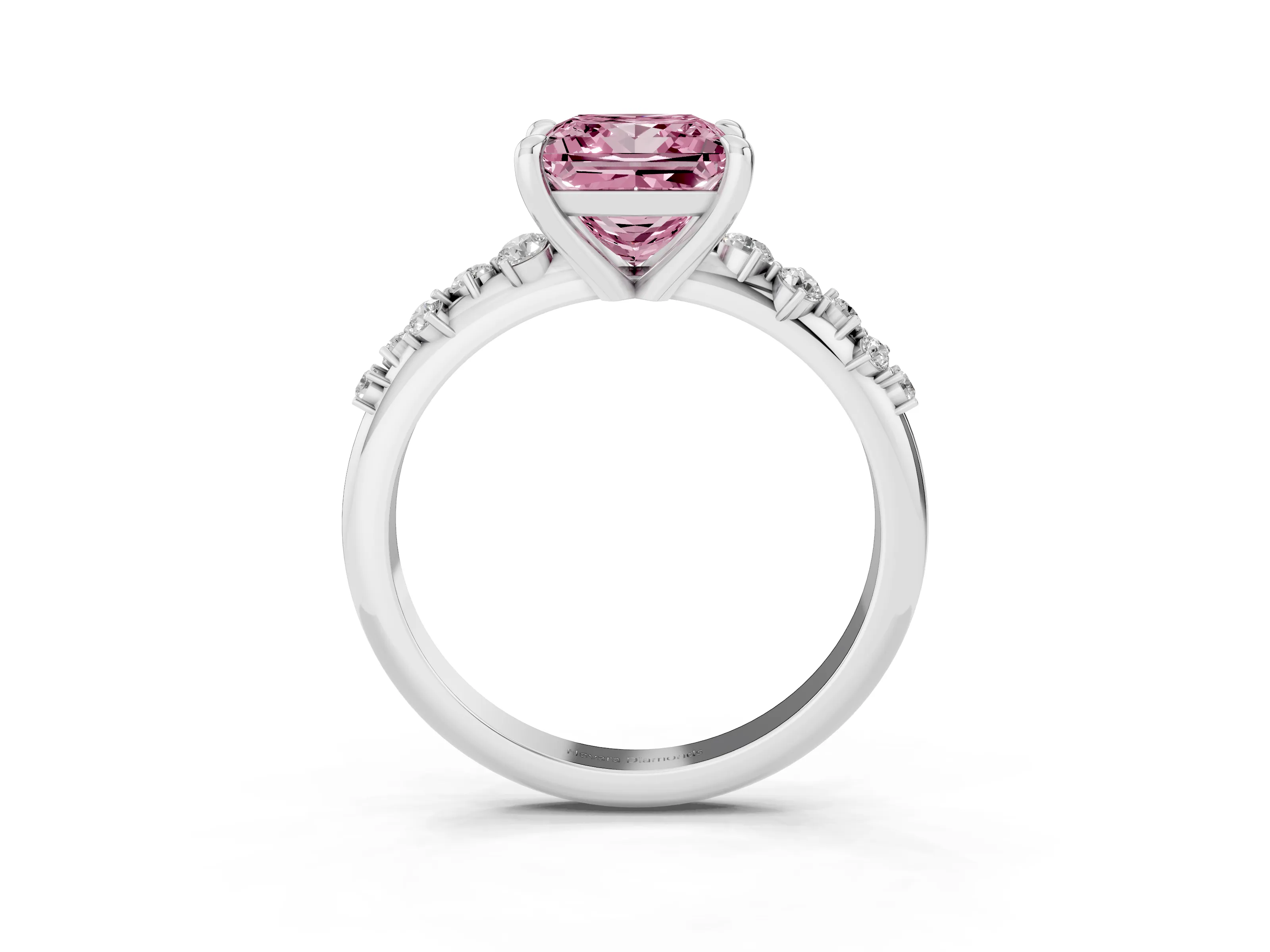 Fancy Pink Princess Cut Diamond Solitaire Vine Band Ring Set in Platinum with Round Accents and Prong Setting