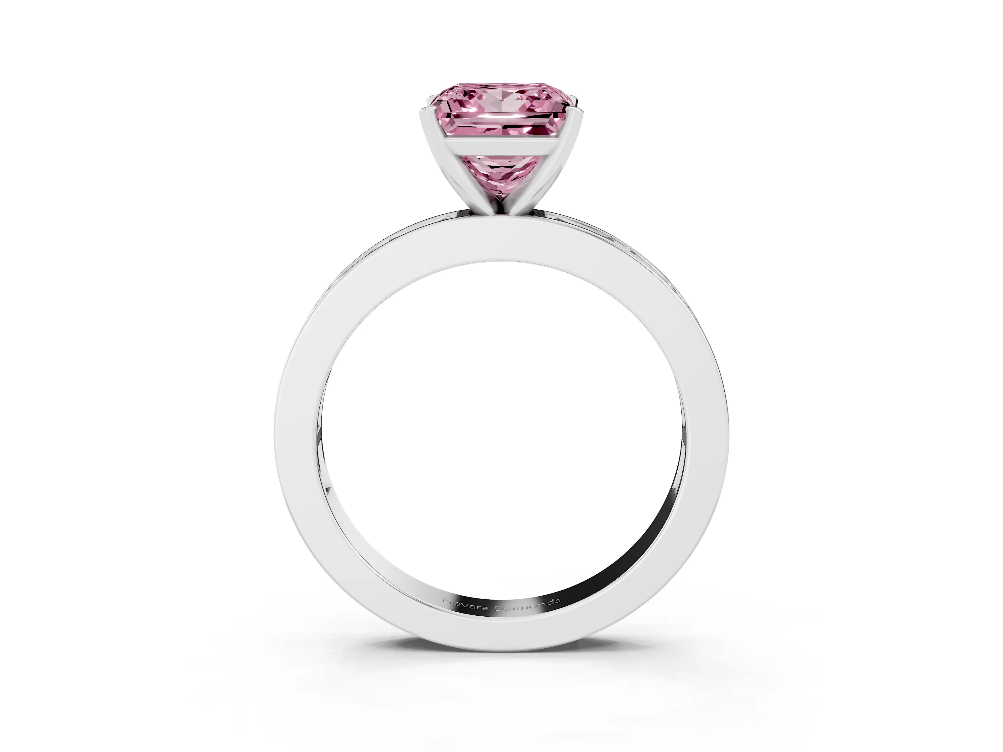 Fancy Pink Princess Cut Diamond Solitaire Ring Set in Platinum with Channel-Set Baguette Band and Prong Setting