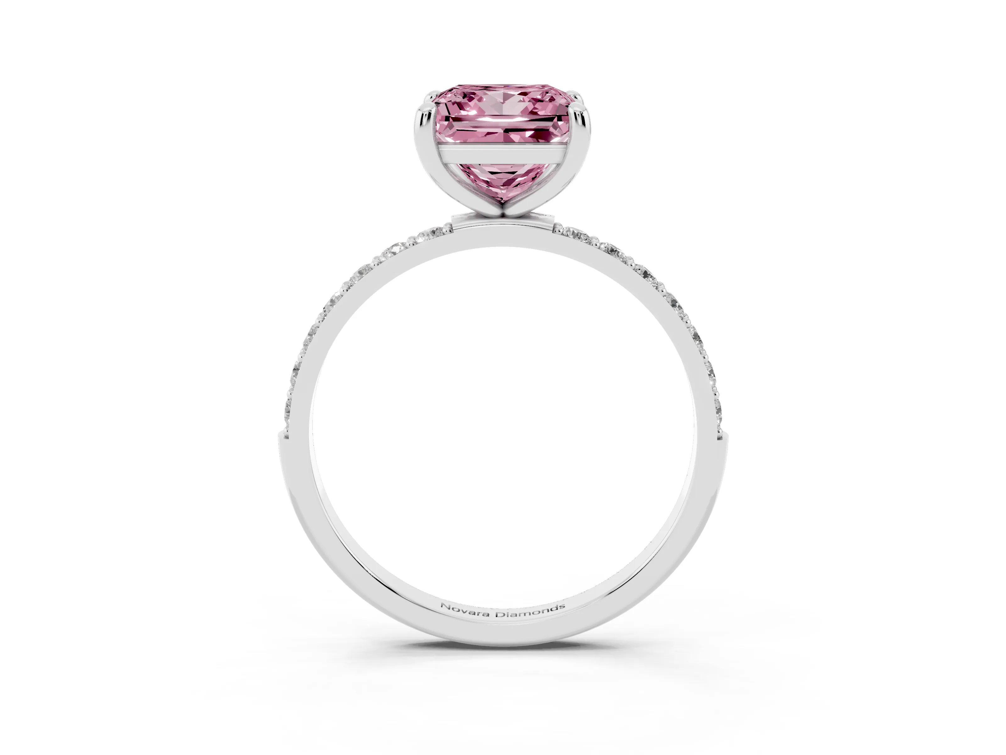 Fancy Pink Princess Cut Diamond Solitaire Ring Set in White gold with Round Pavé Band and Prong Setting