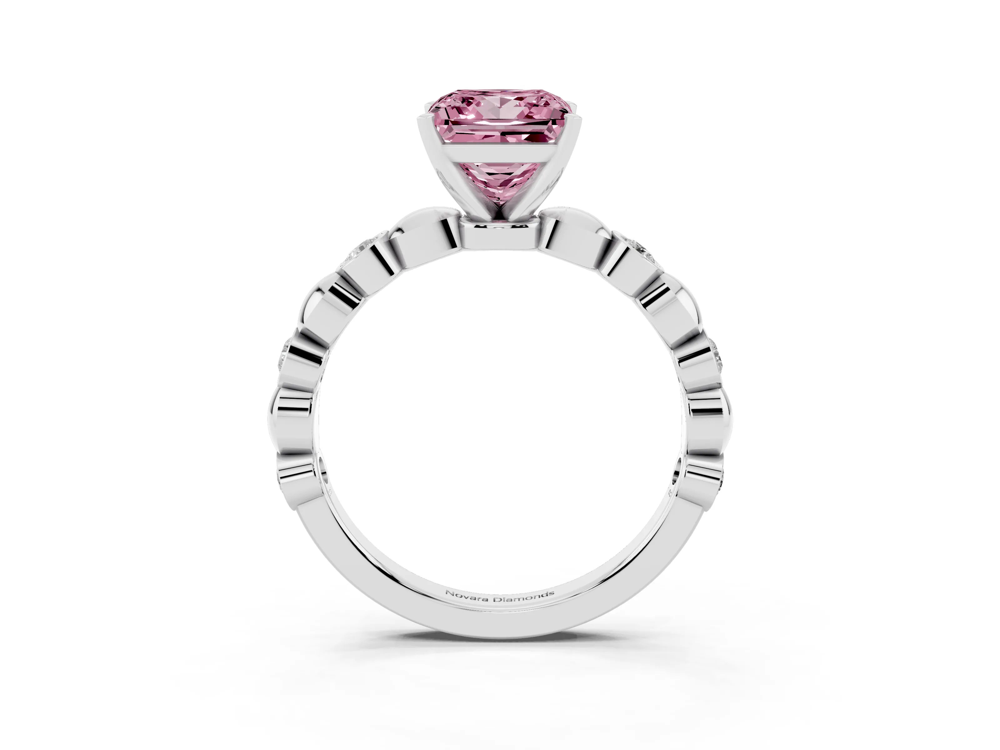 Fancy Pink Princess Cut Diamond Solitaire Ring Set in Silver with Bezel-Set Accents on Beaded Band and Prong Setting