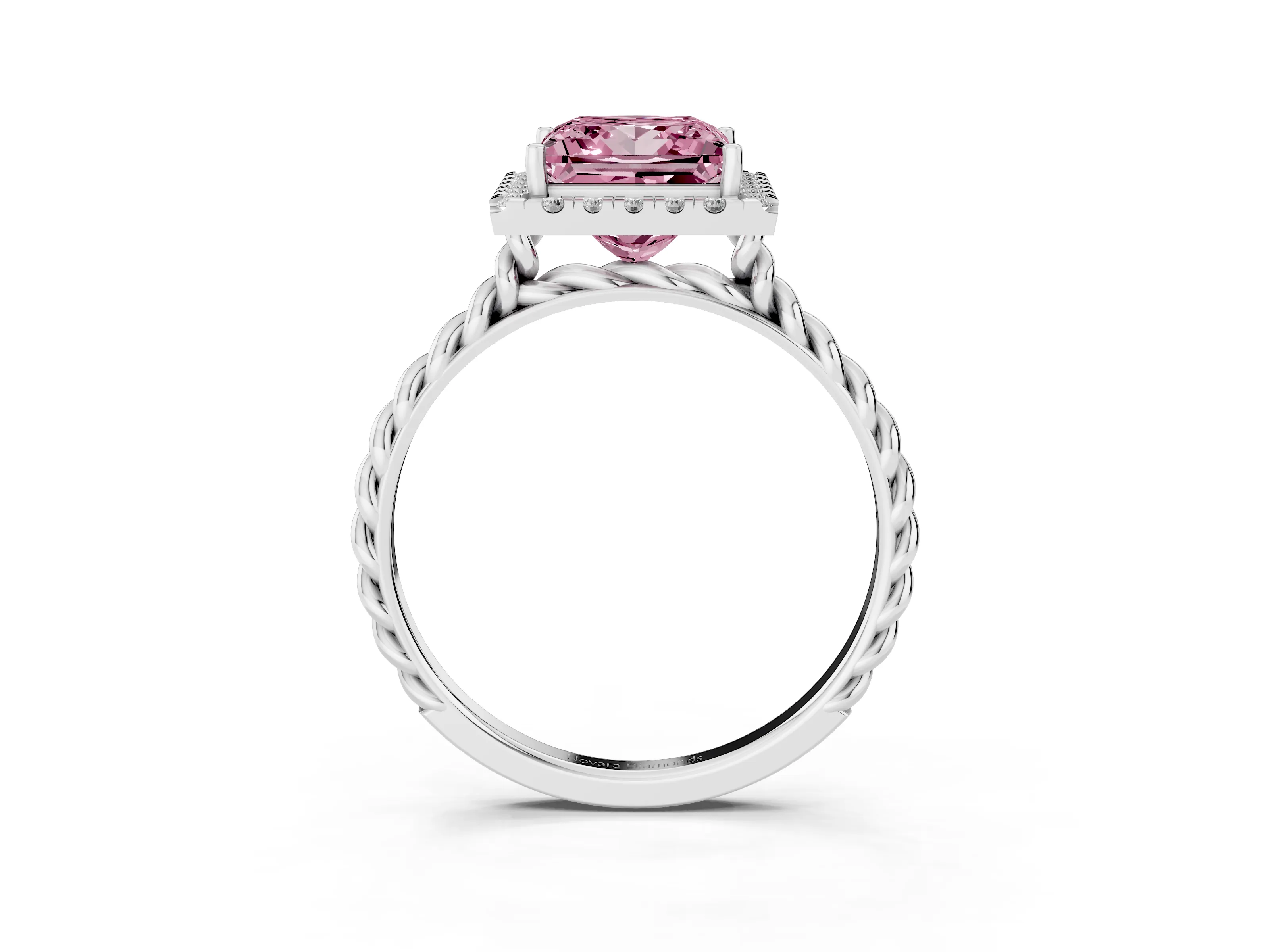Fancy Pink Princess Cut Diamond Halo Ring Set in Platinum with Plain Twisted Band