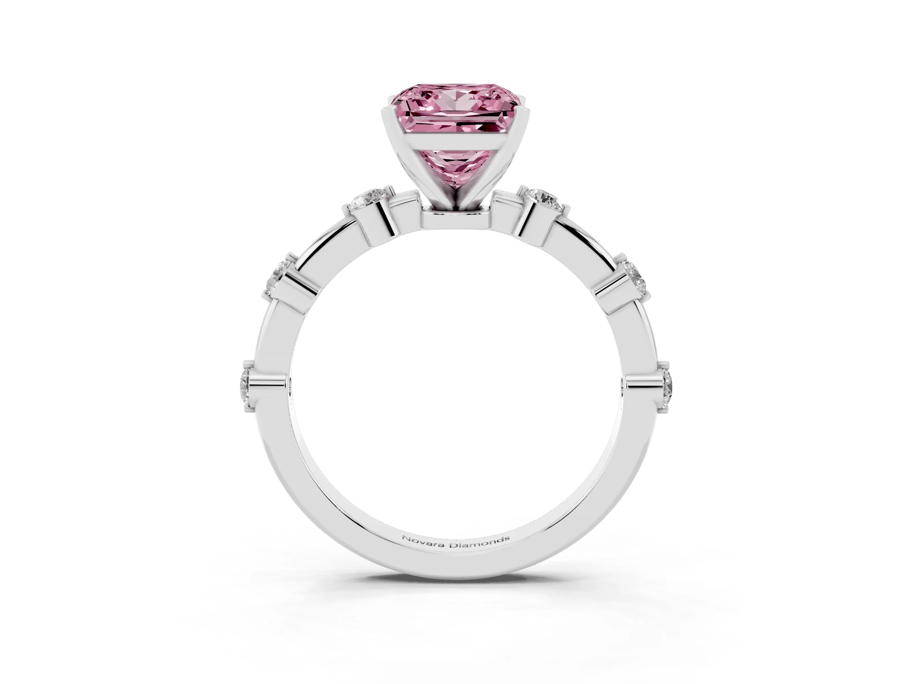 Fancy Pink Princess Cut Diamond Solitaire Ring Set in Silver with Bezel Set Side Stones and Prong Setting