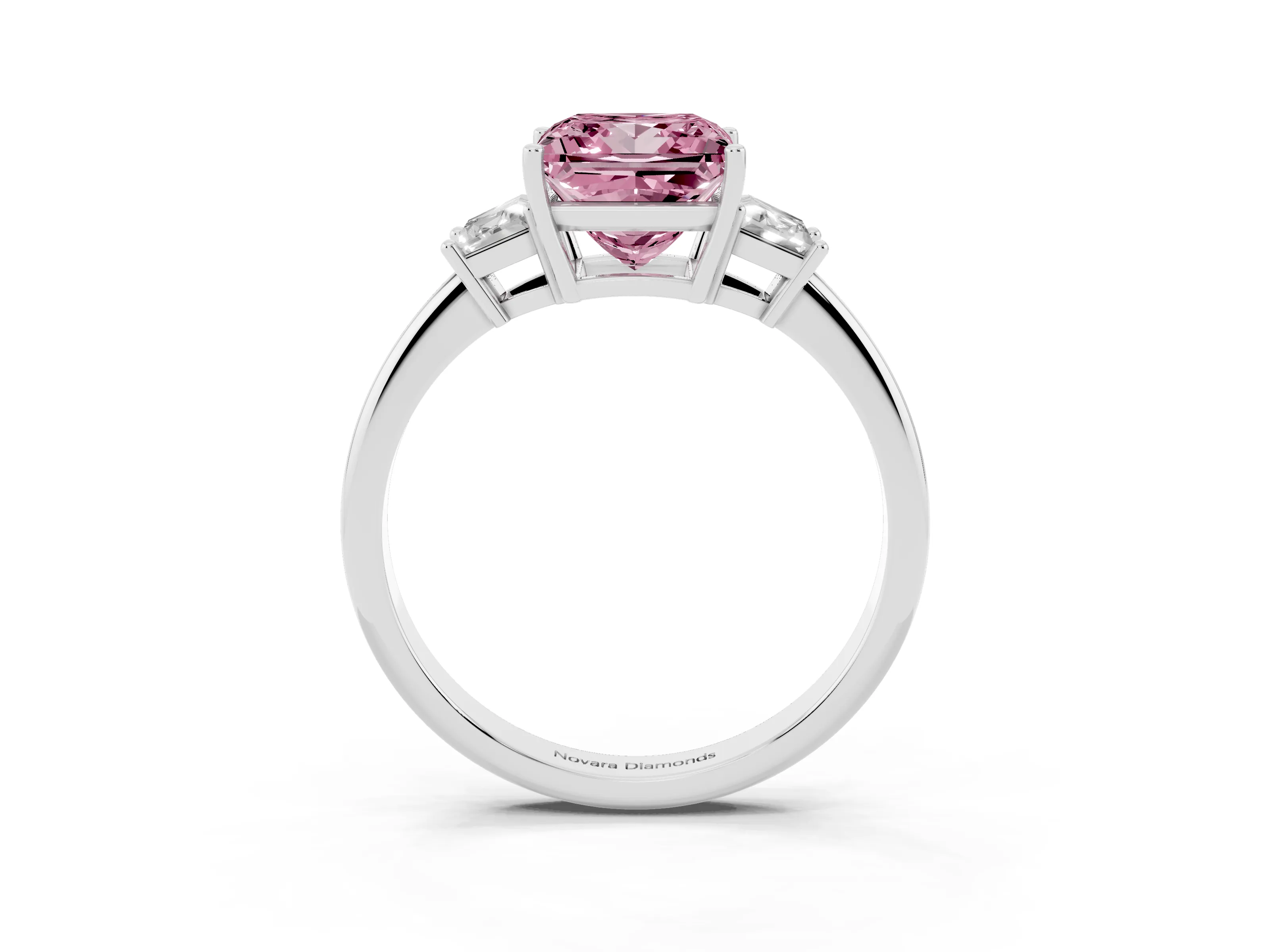 Fancy Pink Princess Cut Diamond Three-Stone Ring Set in Silver with Trapezoid Side Stones and Prong Setting
