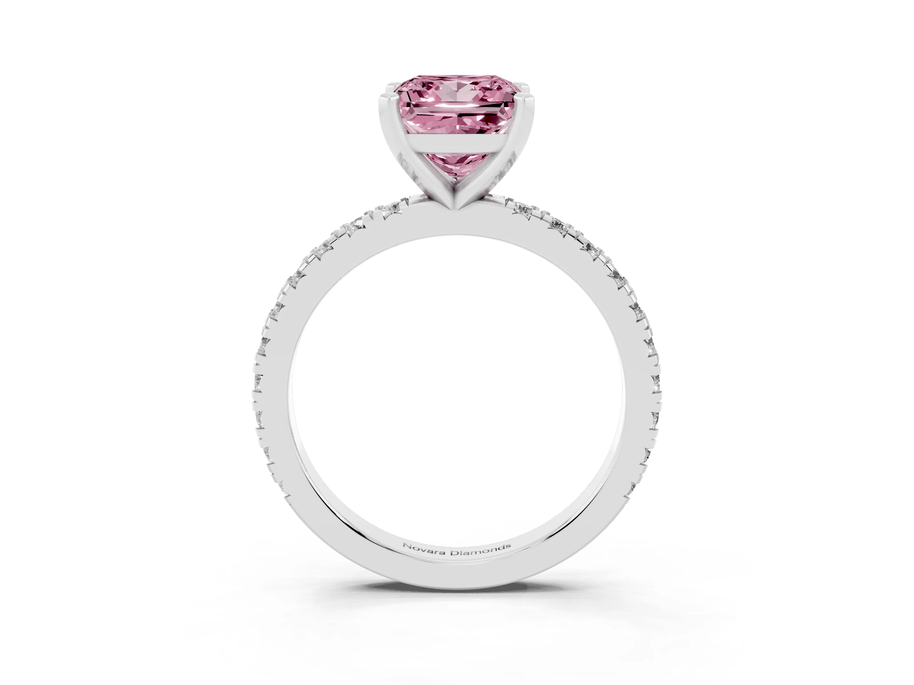 Fancy Pink Princess Cut Diamond Pavé Band Solitaire Set in Platinum with Prong Setting