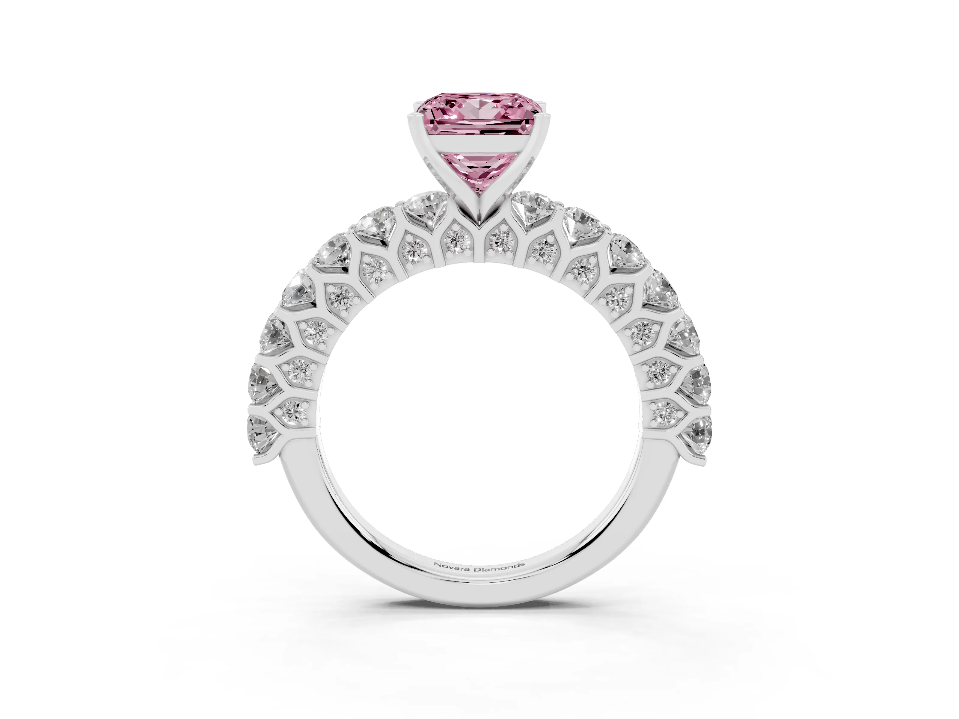 Fancy Pink Princess Cut Diamond Solitaire Ring Set in Platinum with Shared Prong Pavé Band