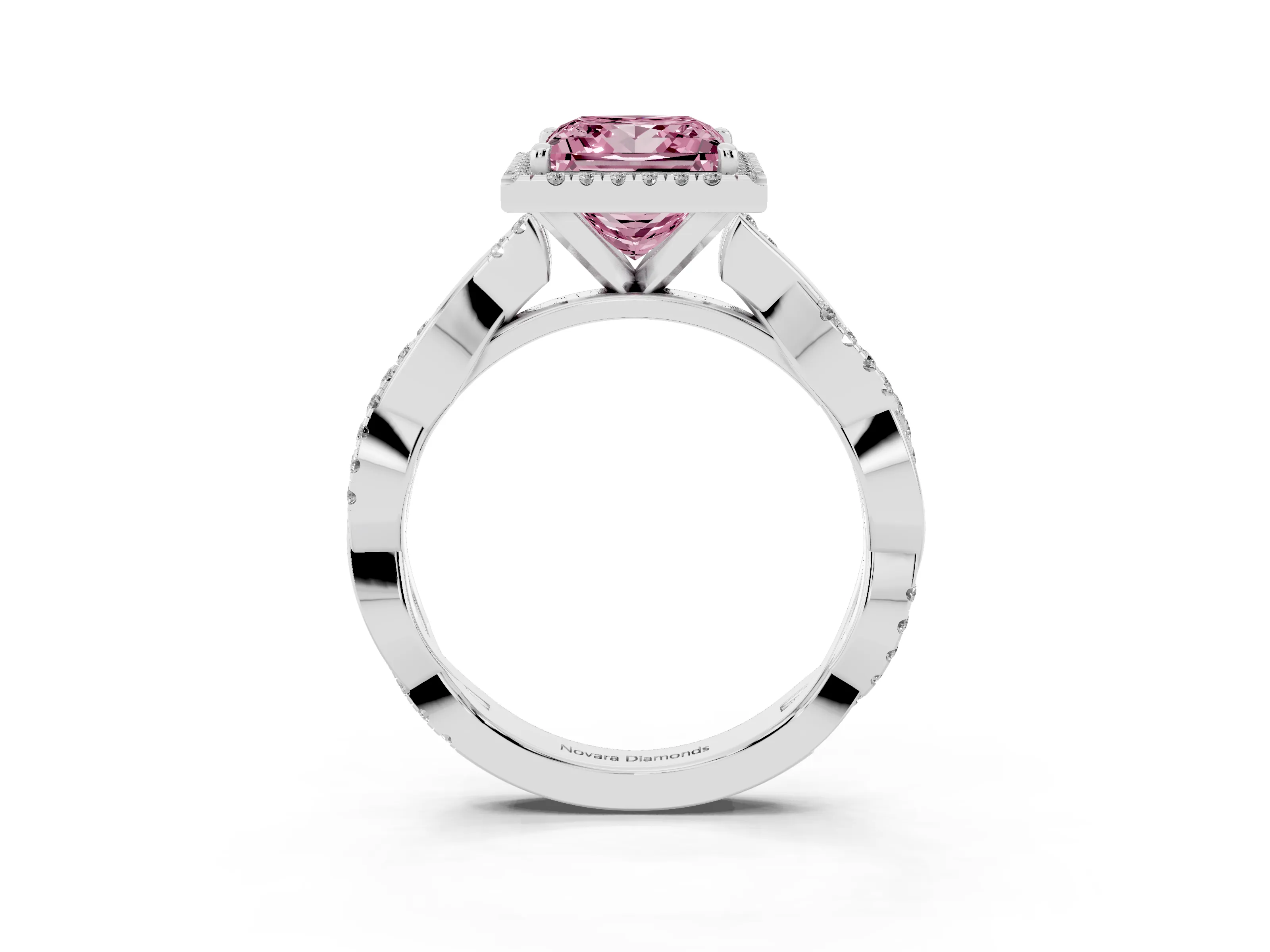 Fancy Pink Princess Cut Diamond Halo Twisted Band Ring Set in White gold with Prong Setting