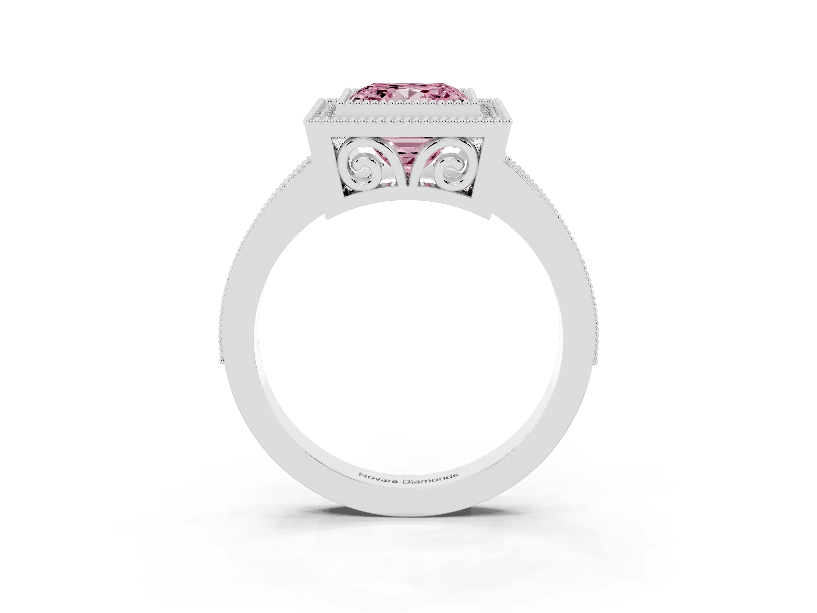 Fancy Pink Princess Cut Diamond Halo Ring Set in White gold with Pavé Band and Milgrain-Edged Prongs